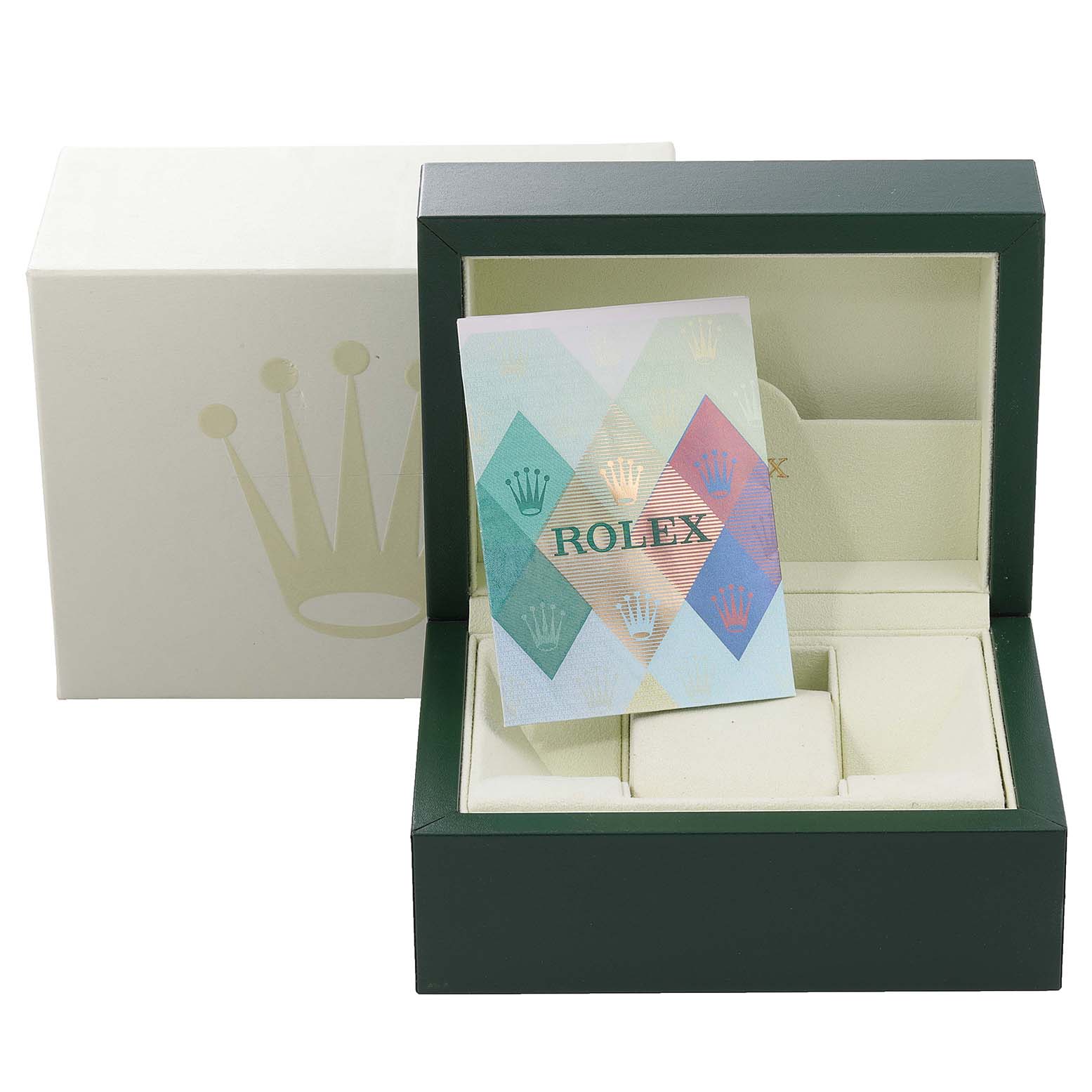 The image shows an open Rolex Daytona 116523 Men
s Steel and Gold (two tone) Black Dial 116523 Men
s Steel and Gold (two tone) Black Dial watch box with a booklet inside, highlighting the packaging and accessories, not the watch itself.