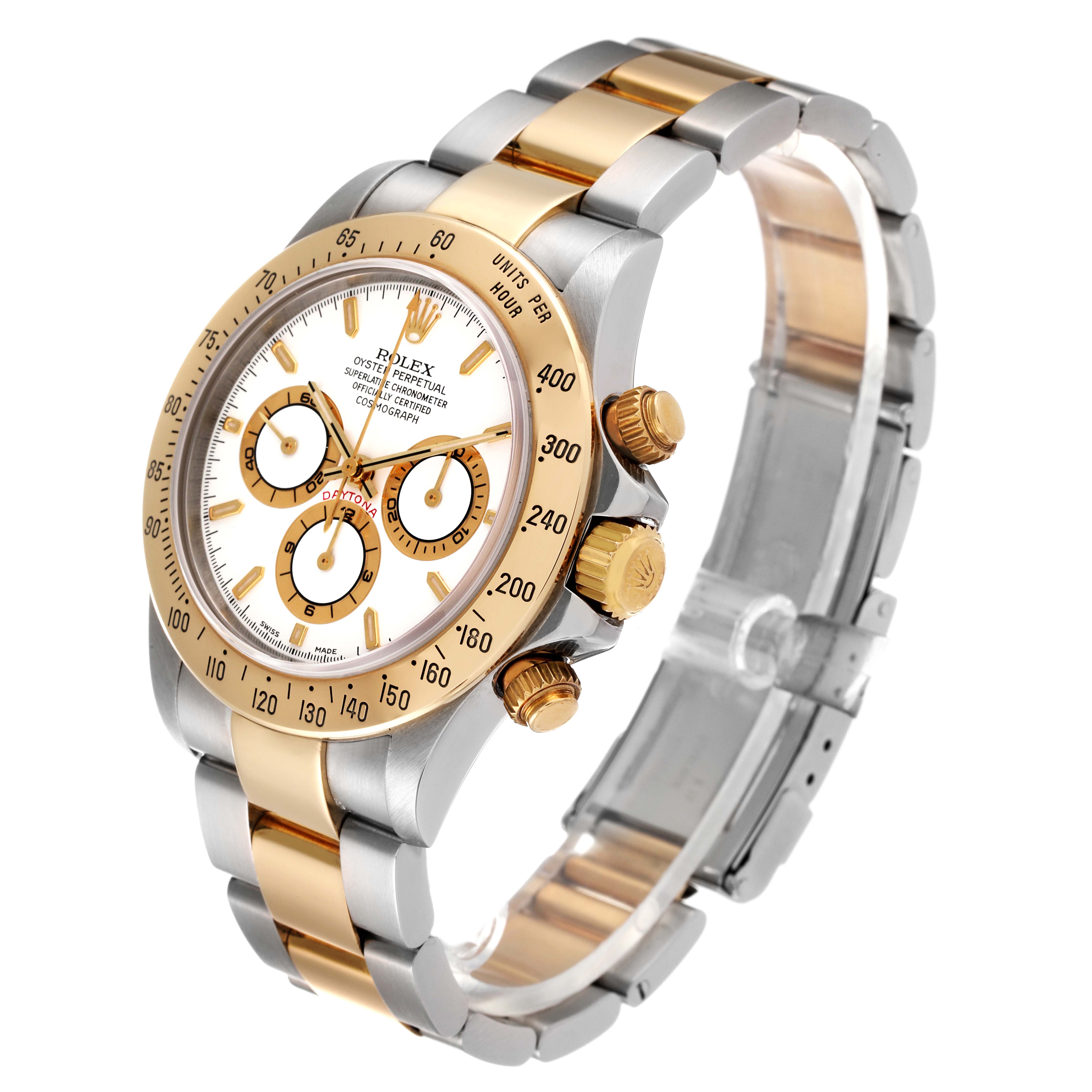 The image shows a Rolex Daytona 16523 Men
s Steel and Gold (two tone) White Dial 16523 Men
s Steel and Gold (two tone) White Dial watch at a three-quarter angle, highlighting its gold and stainless steel bracelet, bezel, and dial.