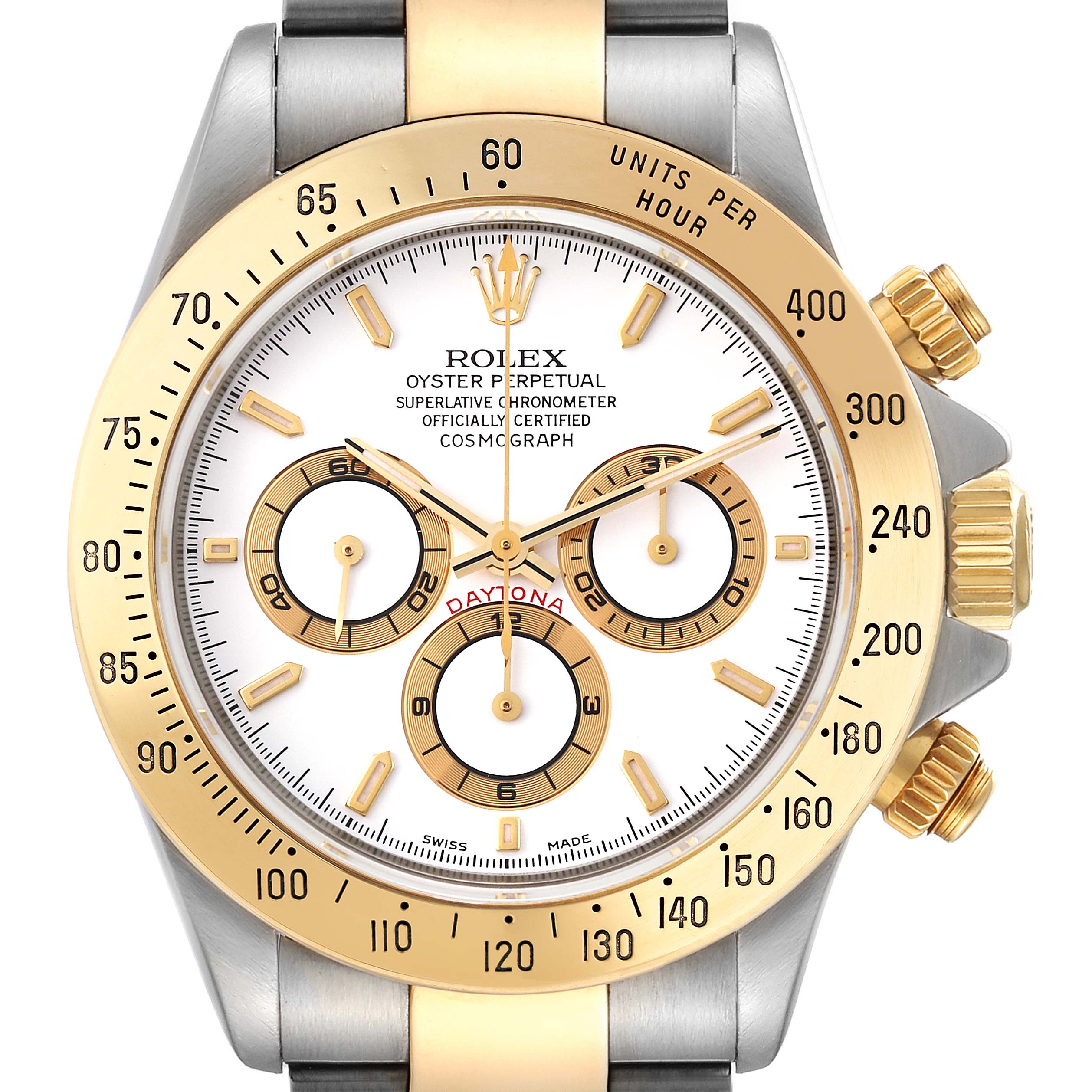 The image shows a front view of the Rolex Daytona 16523 Men
s Steel and Gold (two tone) White Dial 16523 Men
s Steel and Gold (two tone) White Dial watch, highlighting its bezel, dial, and sub-dials.
