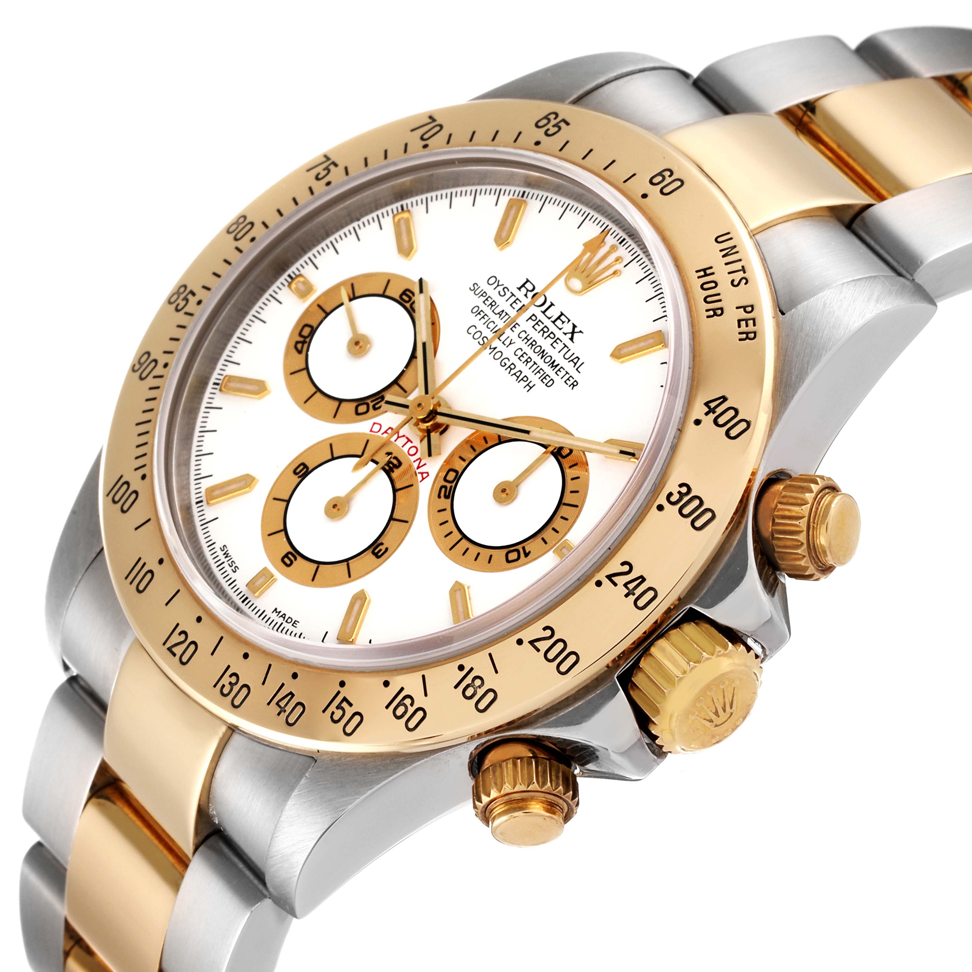 A close-up angled view of the Rolex Daytona 16523 Men
s Steel and Gold (two tone) White Dial 16523 Men
s Steel and Gold (two tone) White Dial watch showing its bezel, crown, chronograph subdials, and bracelet links.