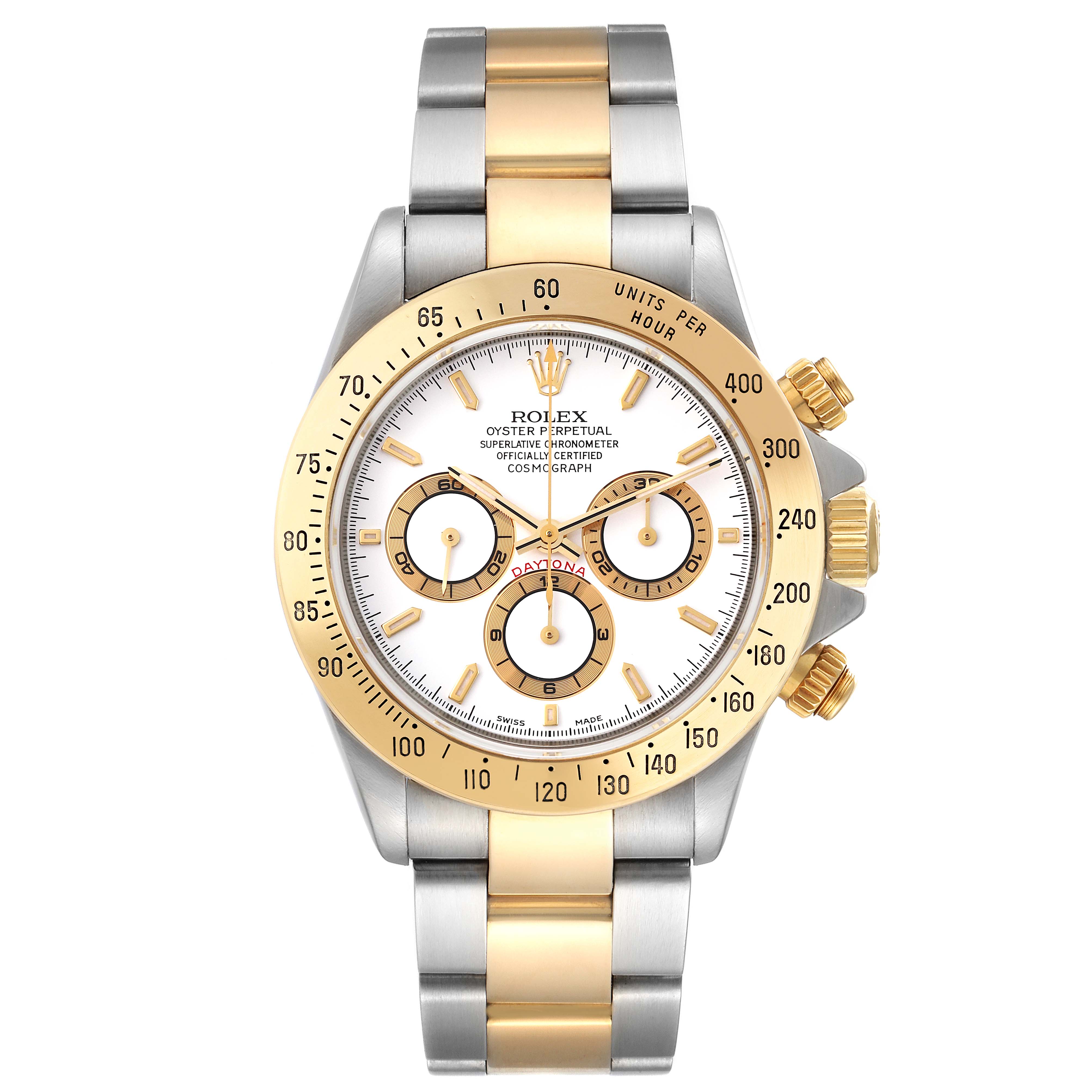 The image shows a front view of a Rolex Daytona 16523 Men
s Steel and Gold (two tone) White Dial 16523 Men
s Steel and Gold (two tone) White Dial watch, displaying the dial, bezel, and bracelet.