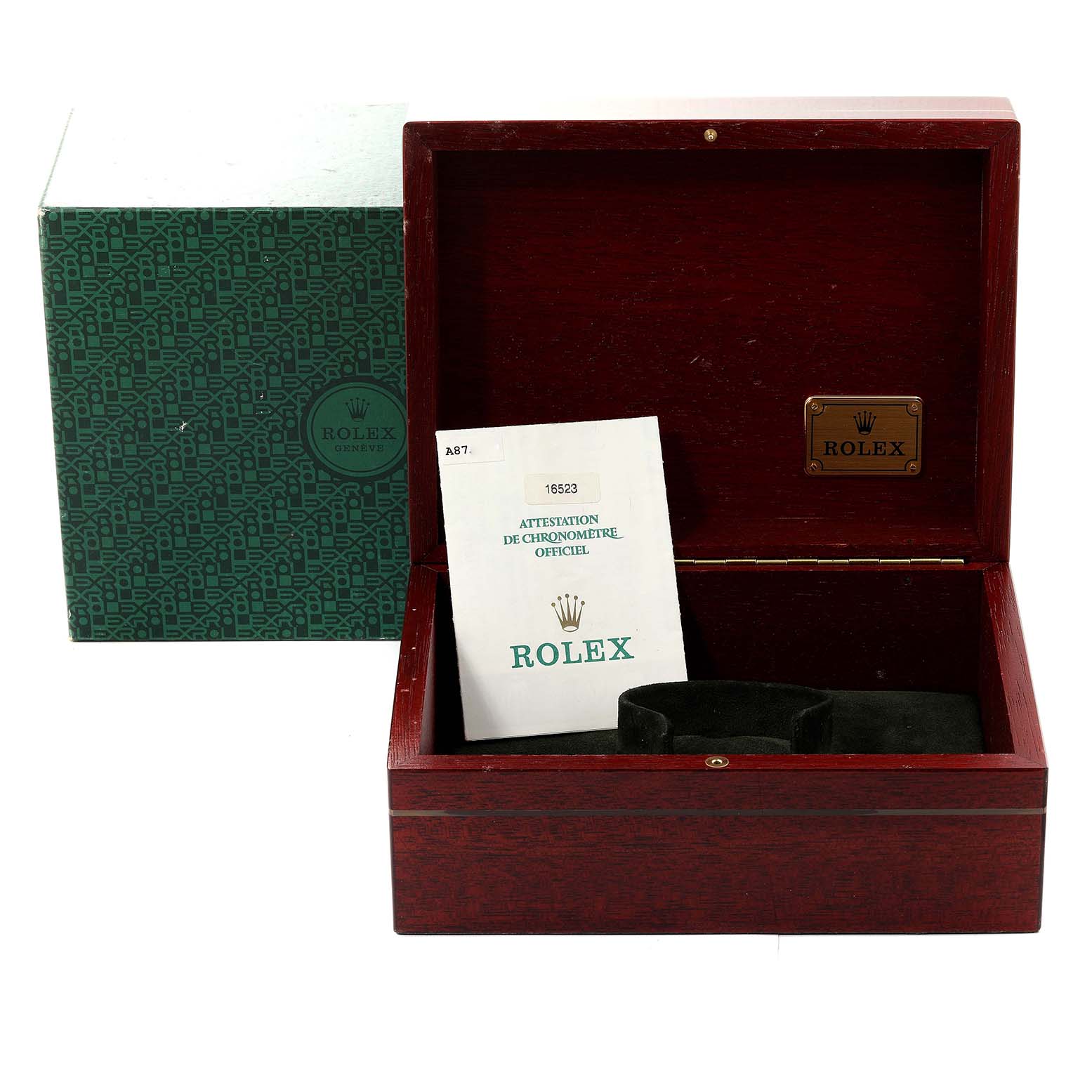 The image shows a green Rolex Daytona 16523 Men
s Steel and Gold (two tone) White Dial 16523 Men
s Steel and Gold (two tone) White Dial model box and an open wooden Rolex case with a certificate inside.