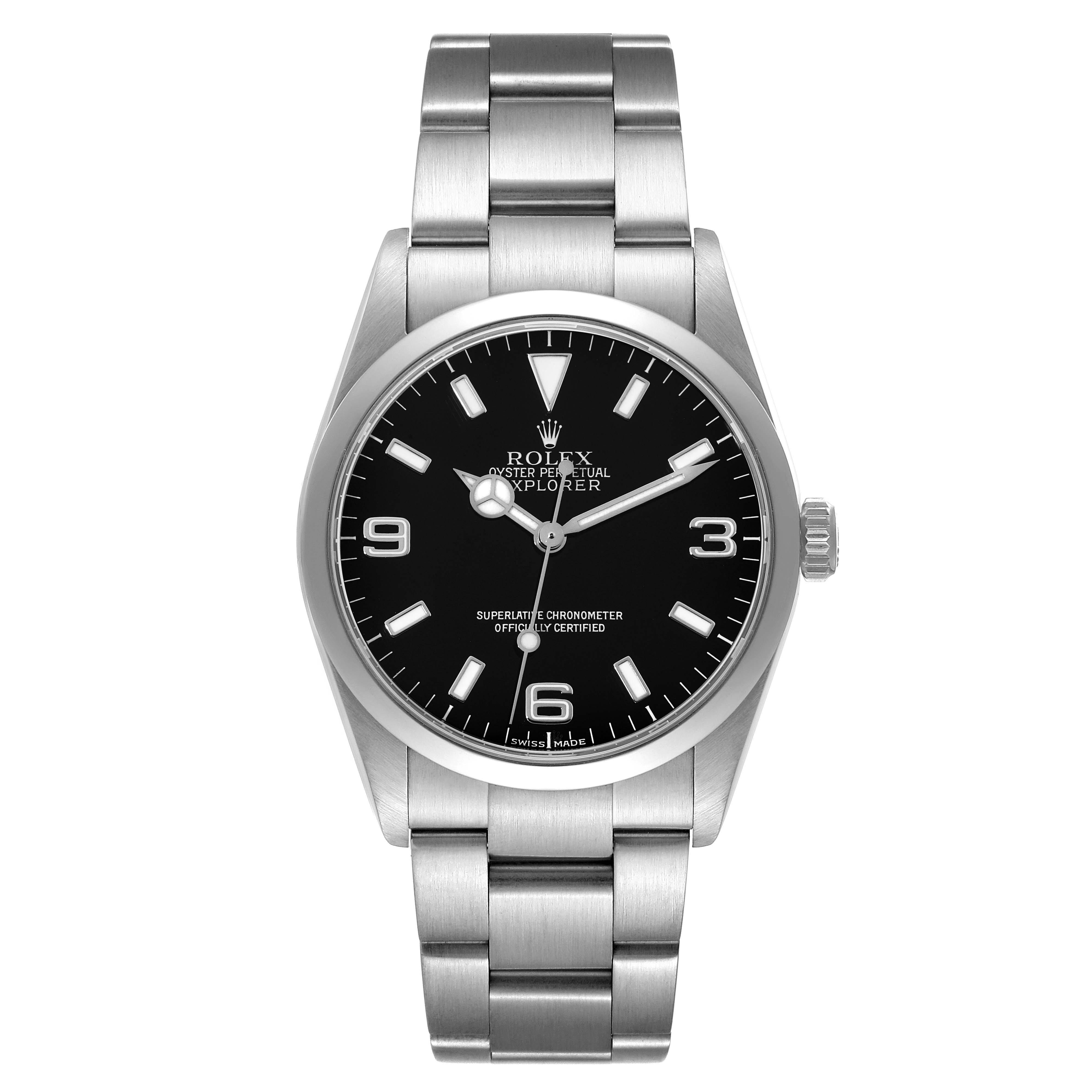 This image shows a frontal view of the Rolex Explorer 114270 Men
s Stainless Steel Black Dial 114270 Men
s Stainless Steel Black Dial watch, highlighting its dial, markers, hands, bezel, and bracelet.
