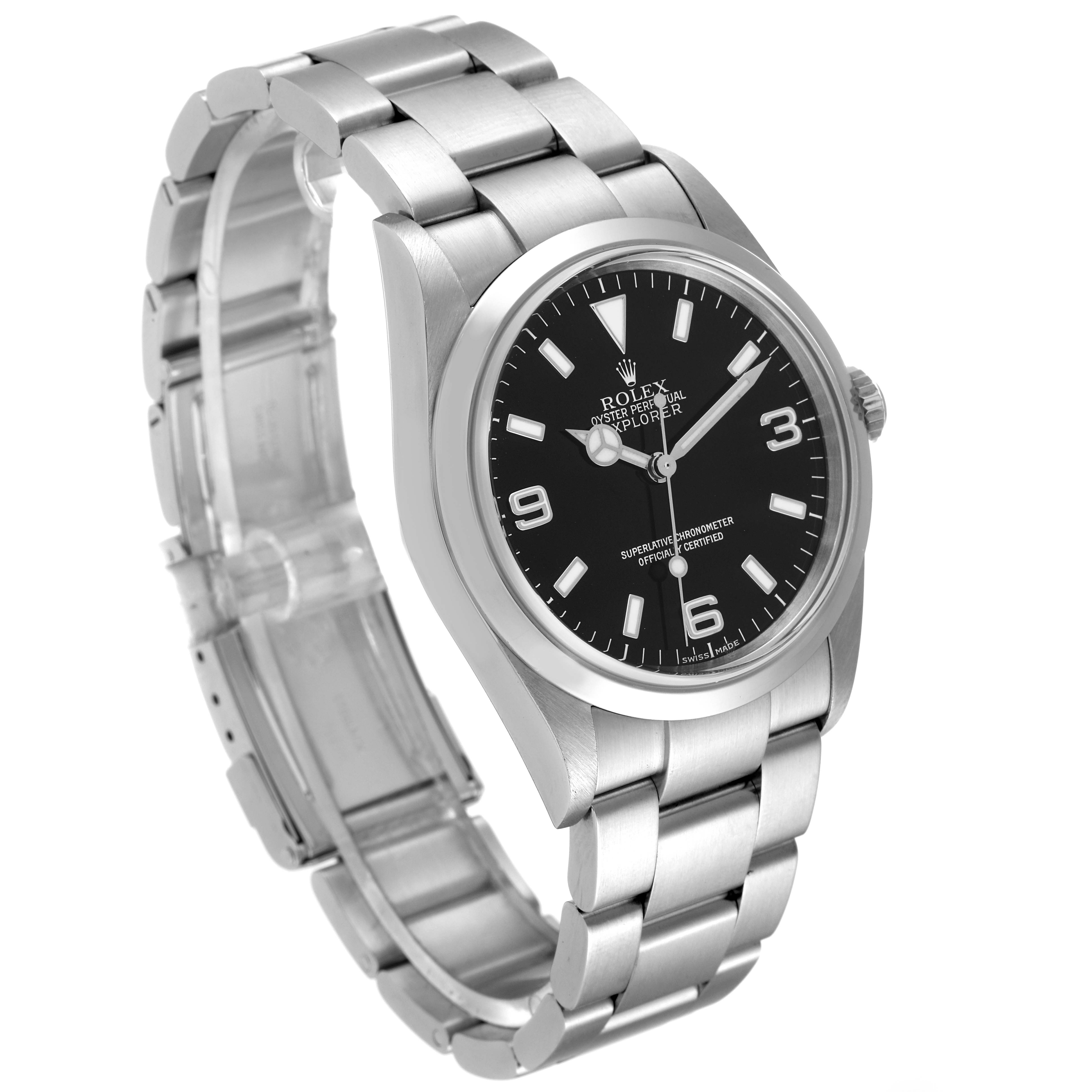 This image shows a side angle of the Rolex Explorer 114270 Men
s Stainless Steel Black Dial 114270 Men
s Stainless Steel Black Dial watch, highlighting the face, bezel, and metal bracelet.