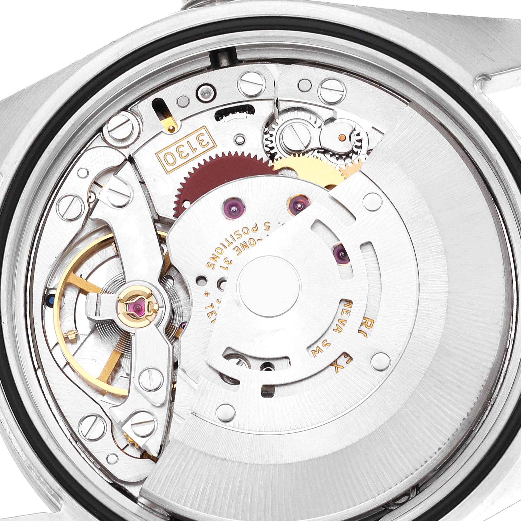 This image shows a close-up of the movement mechanism of a Rolex Explorer 114270 Men
s Stainless Steel Black Dial 114270 Men
s Stainless Steel Black Dial watch.