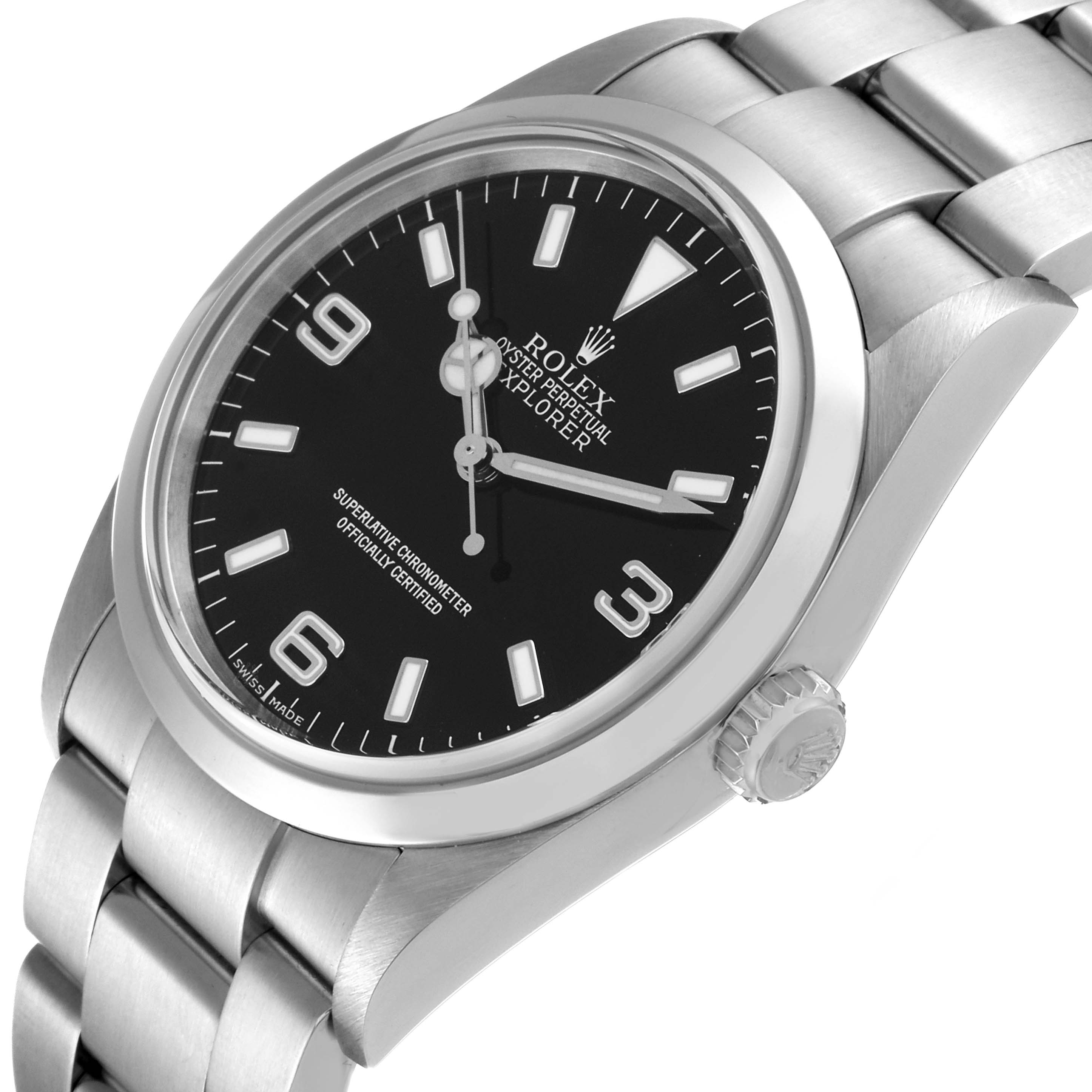 The image shows the Rolex Explorer 114270 Men
s Stainless Steel Black Dial 114270 Men
s Stainless Steel Black Dial model from an oblique angle, highlighting the dial, bezel, crown, and part of the bracelet.