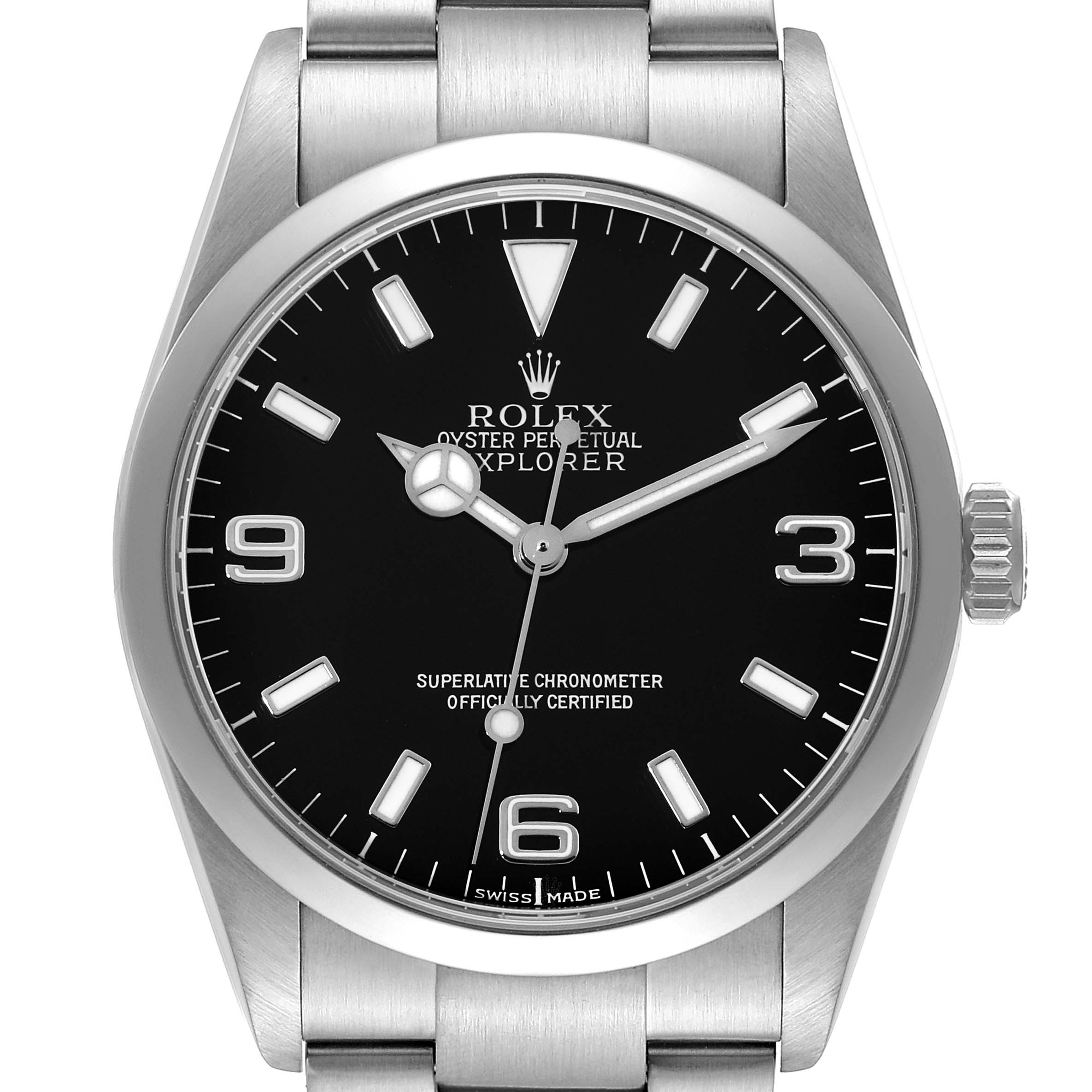 The image shows a front view of a Rolex Explorer 114270 Men
s Stainless Steel Black Dial 114270 Men
s Stainless Steel Black Dial watch, displaying the dial, hands, markers, and part of the strap.