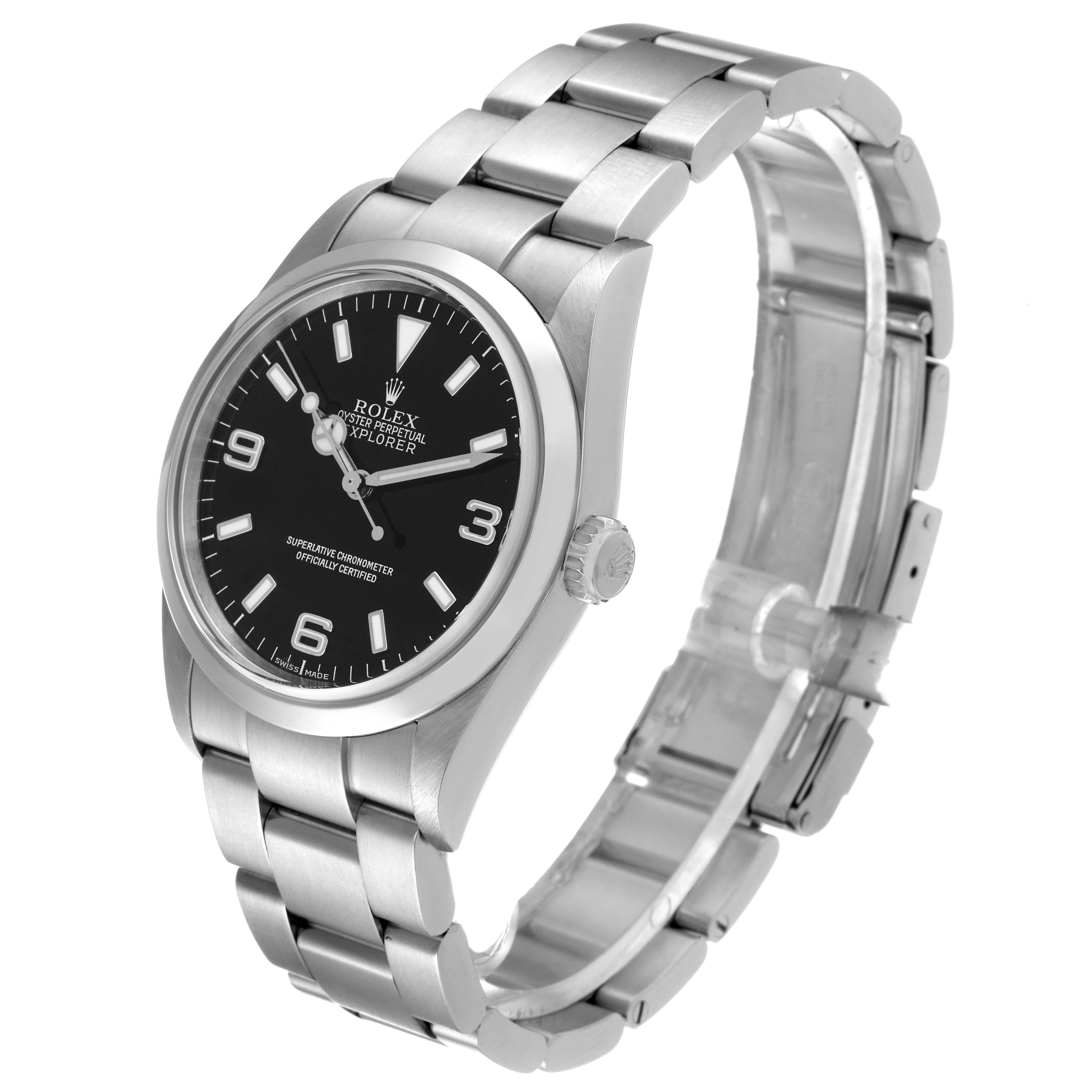 This image shows a Rolex Explorer 114270 Men
s Stainless Steel Black Dial 114270 Men
s Stainless Steel Black Dial watch at an angle highlighting its face, bezel, crown, and bracelet in stainless steel.