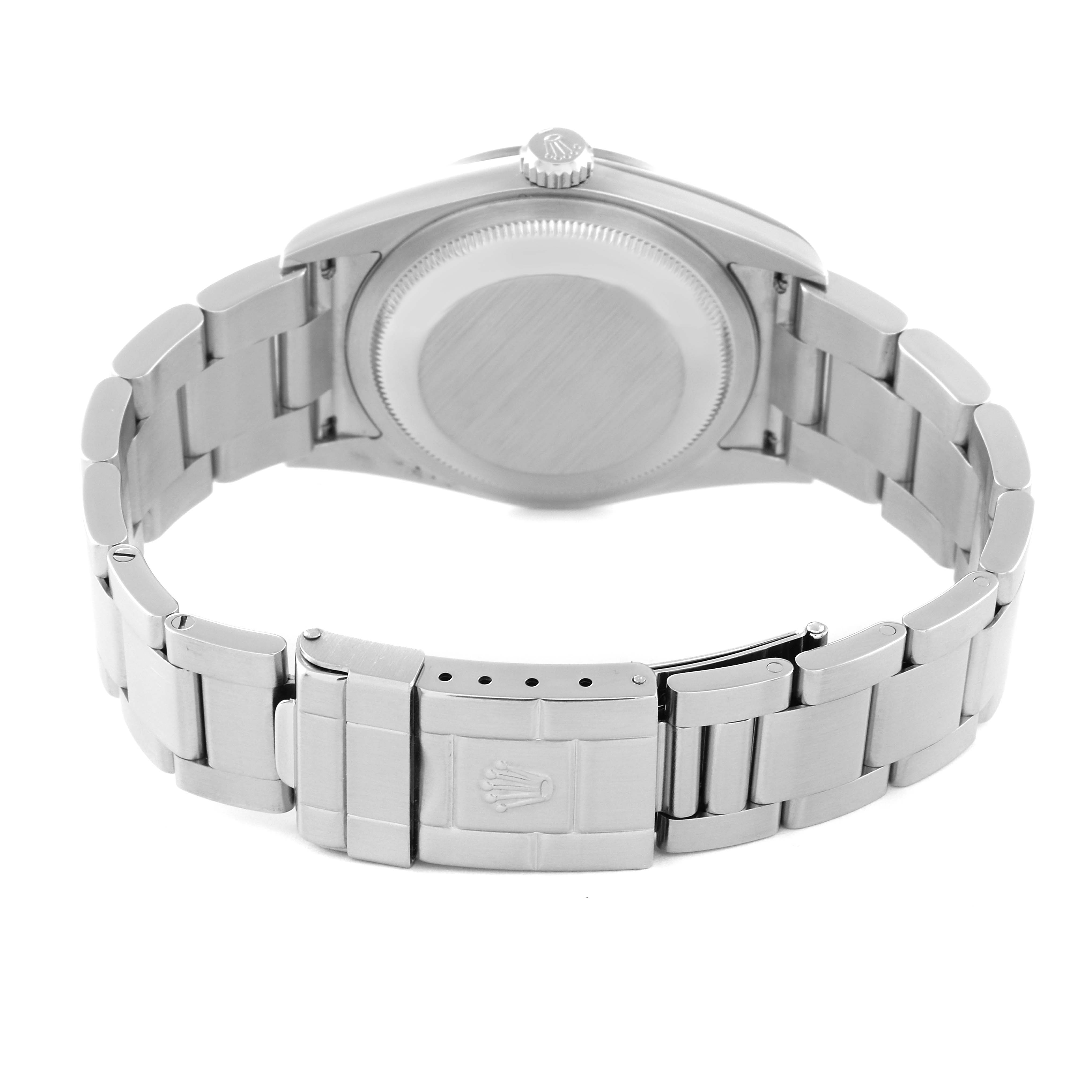 This image shows the back and bracelet of a Rolex Explorer 114270 Men
s Stainless Steel Black Dial 114270 Men
s Stainless Steel Black Dial watch, including the case back and clasp.