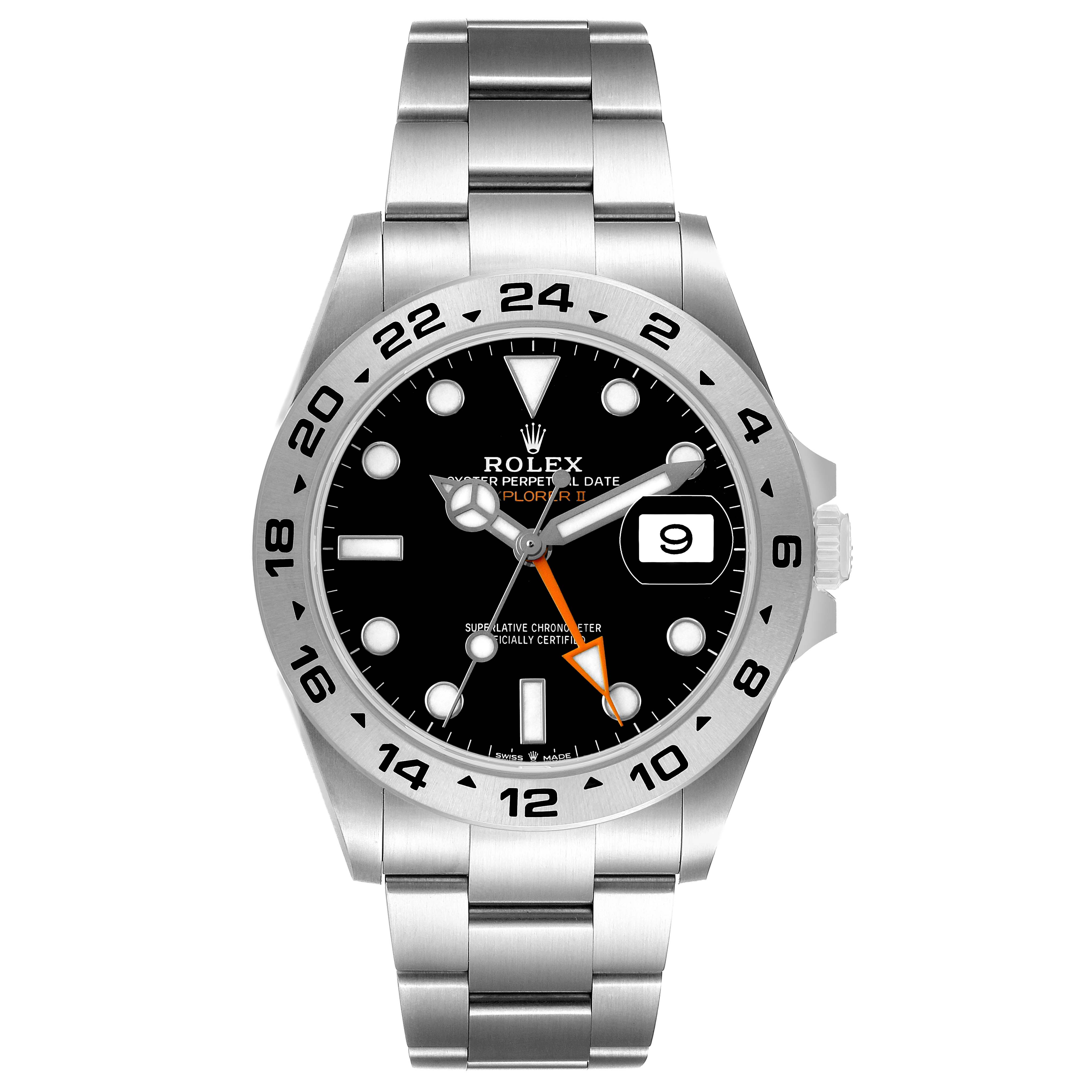 The Rolex Explorer 226570 Men's Stainless Steel Black Dial model is shown from a frontal angle, highlighting the dial, hands, bezel, and bracelet.