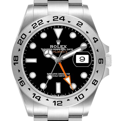 The Rolex Explorer 226570 Men's Stainless Steel Black Dial II watch is shown from the front, highlighting the dial, bezel, hands, and date window.