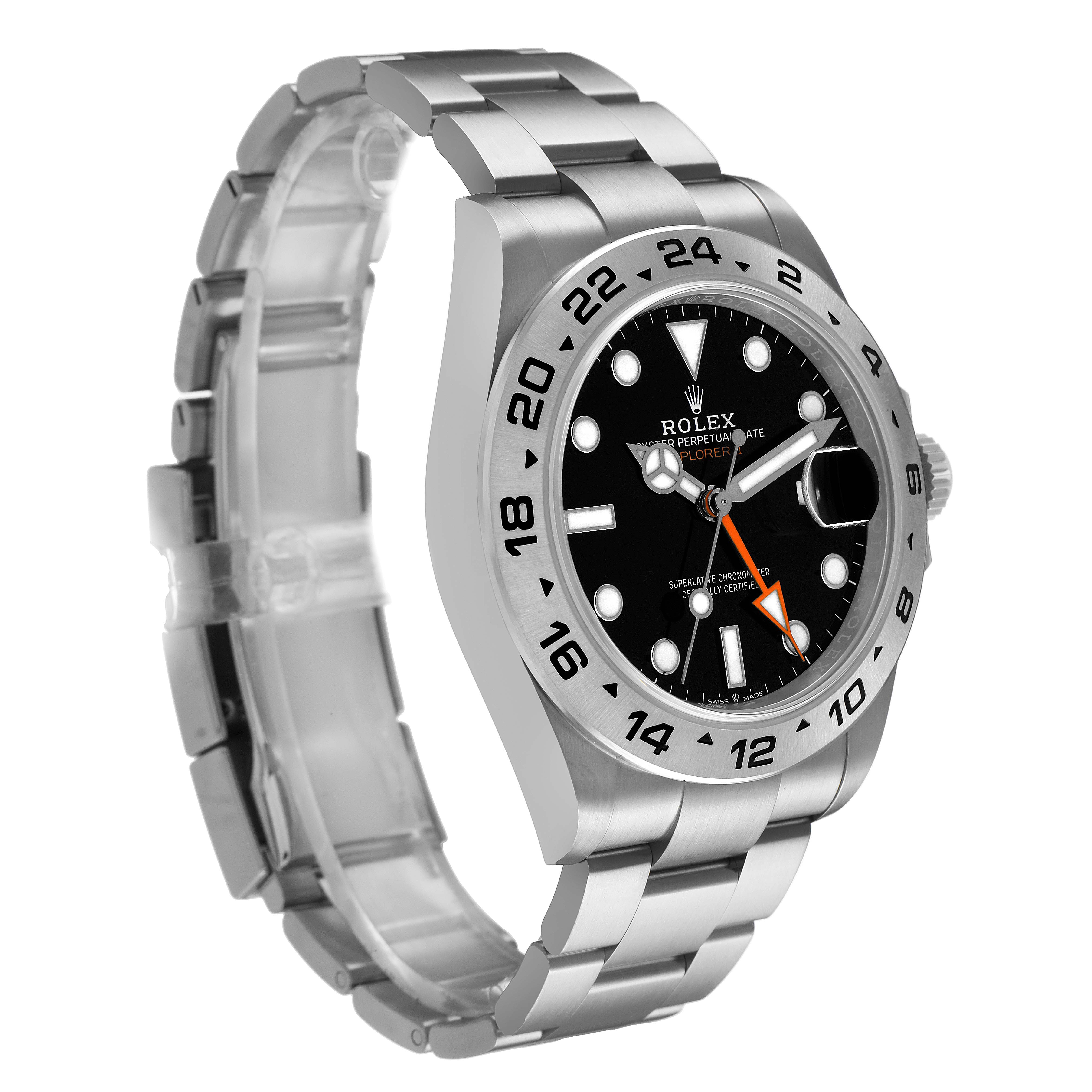 The Rolex Explorer 226570 Men's Stainless Steel Black Dial model is shown at a three-quarter angle, highlighting the face, bezel, and bracelet.