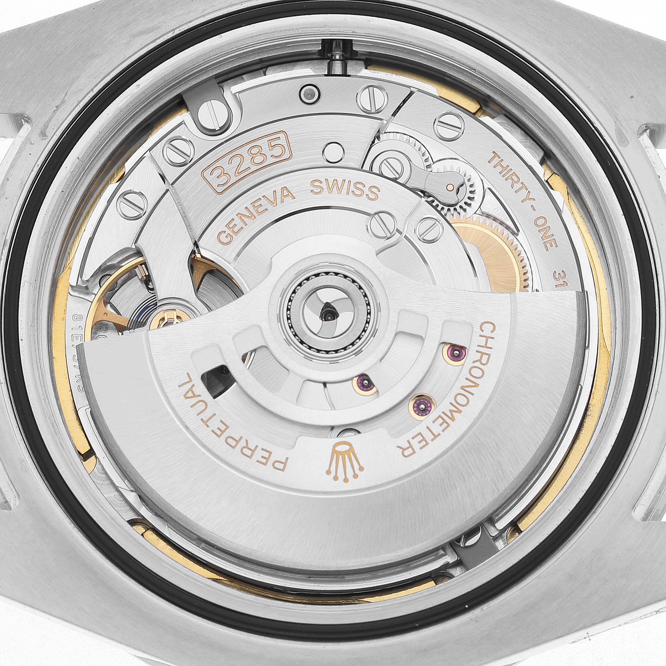 The image shows the movement of a Rolex Explorer 226570 Men's Stainless Steel Black Dial, model 3285, from a top view, highlighting the rotor and internal mechanisms.