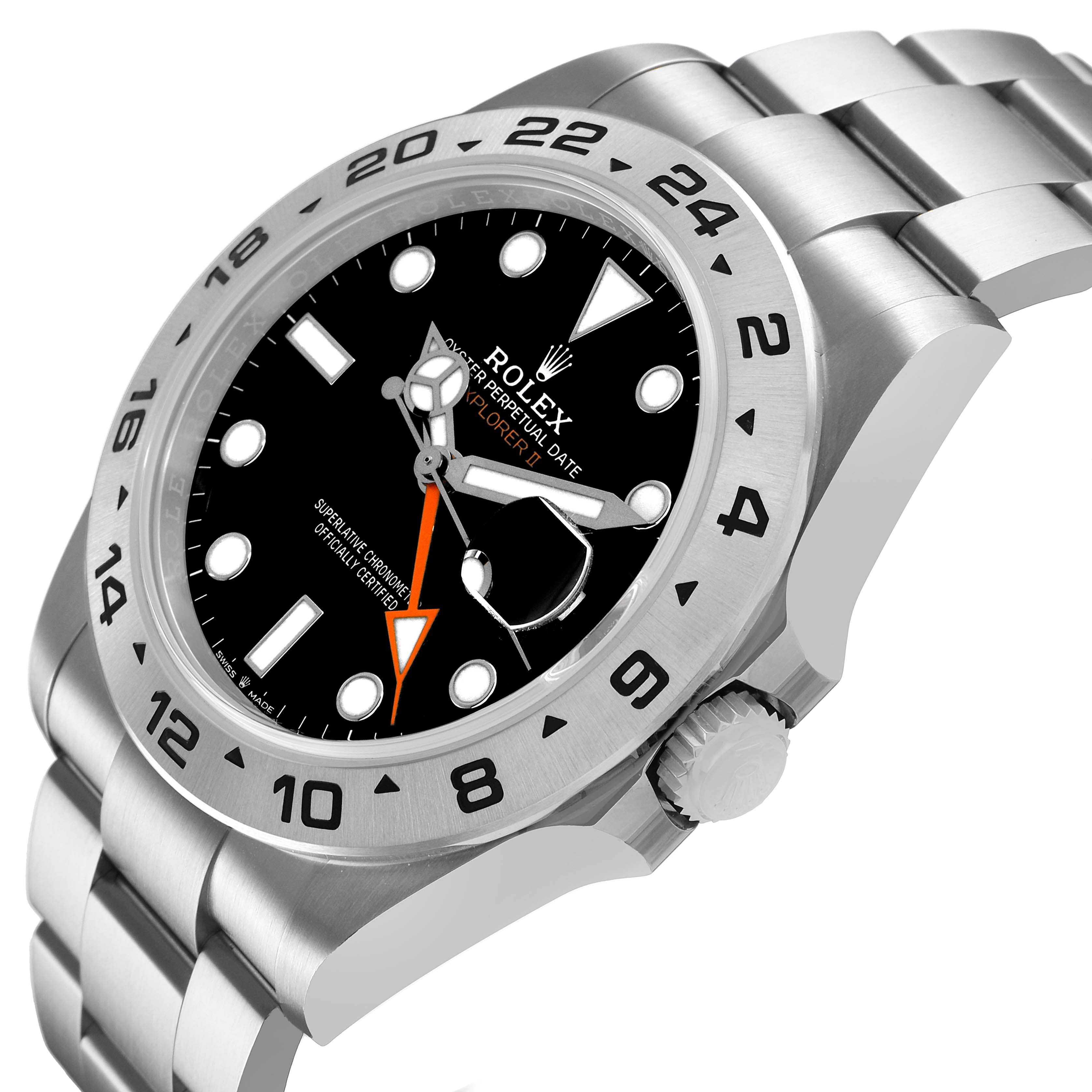The image shows a side view of the Rolex Explorer 226570 Men's Stainless Steel Black Dial II, highlighting the bezel, crown, and bracelet.