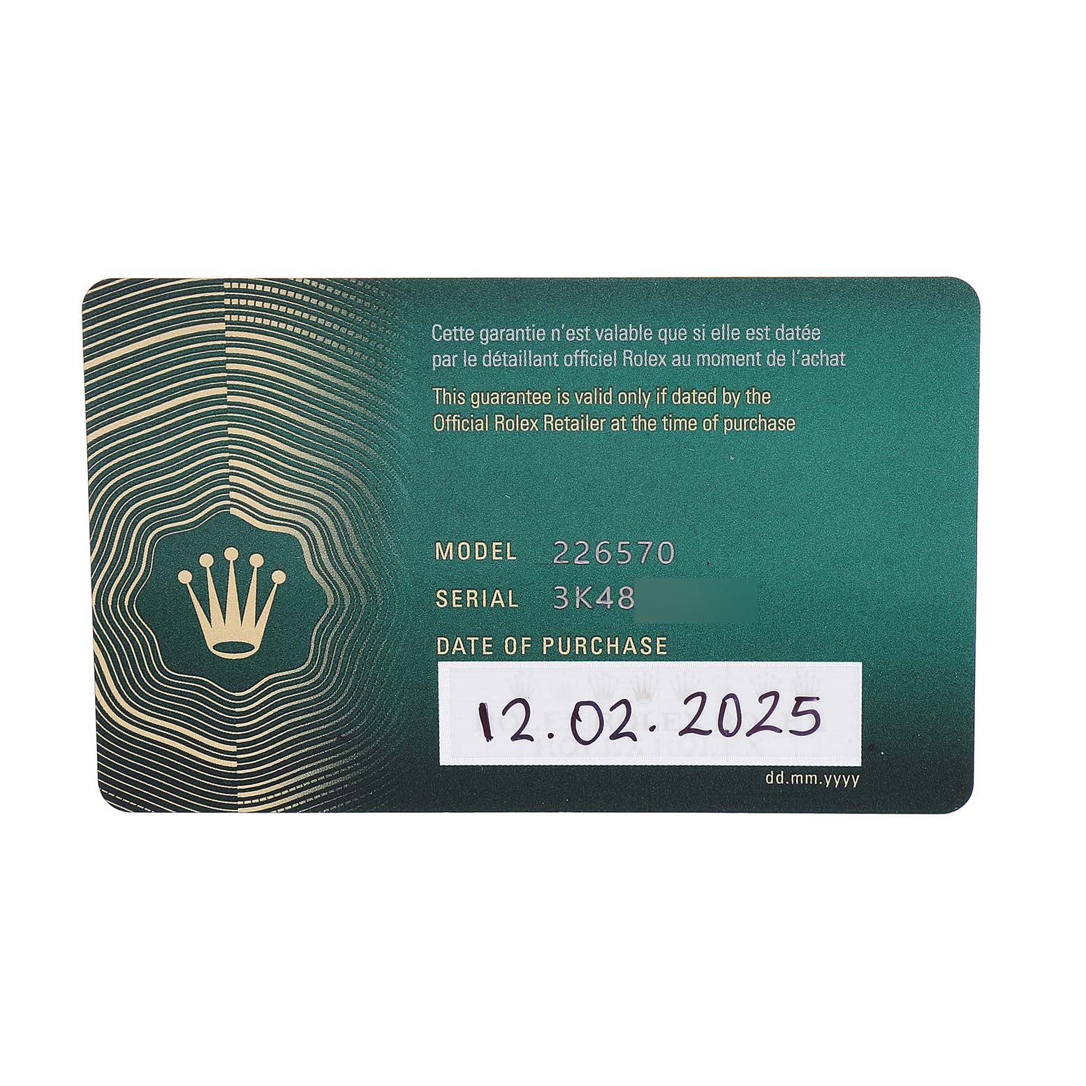 The image shows a warranty card for a Rolex Explorer 226570 Men's Stainless Steel Black Dial, model 226570, with purchase date details.