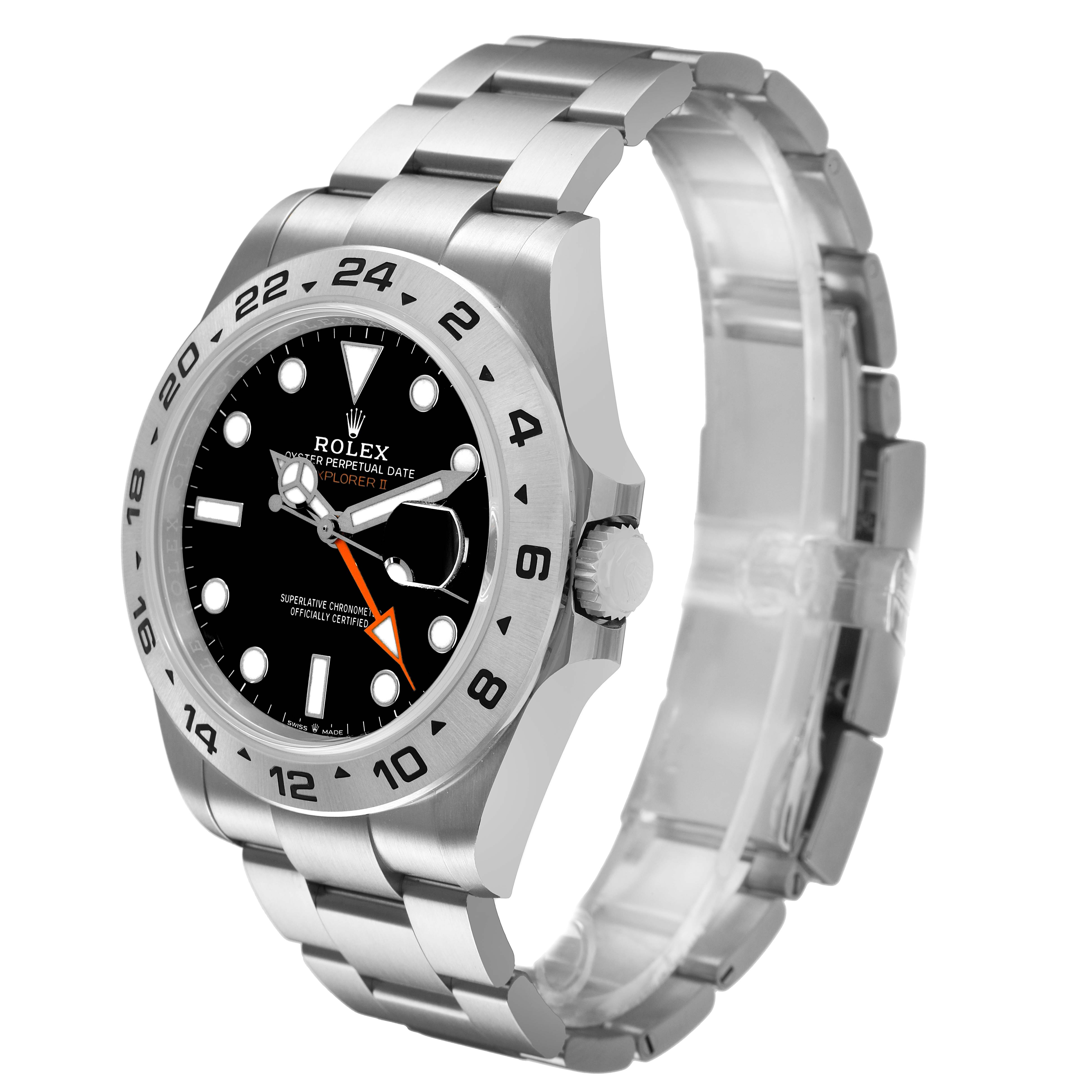 The Rolex Explorer 226570 Men's Stainless Steel Black Dial watch is shown from a front angle, displaying its dial, bezel, crown, and bracelet.