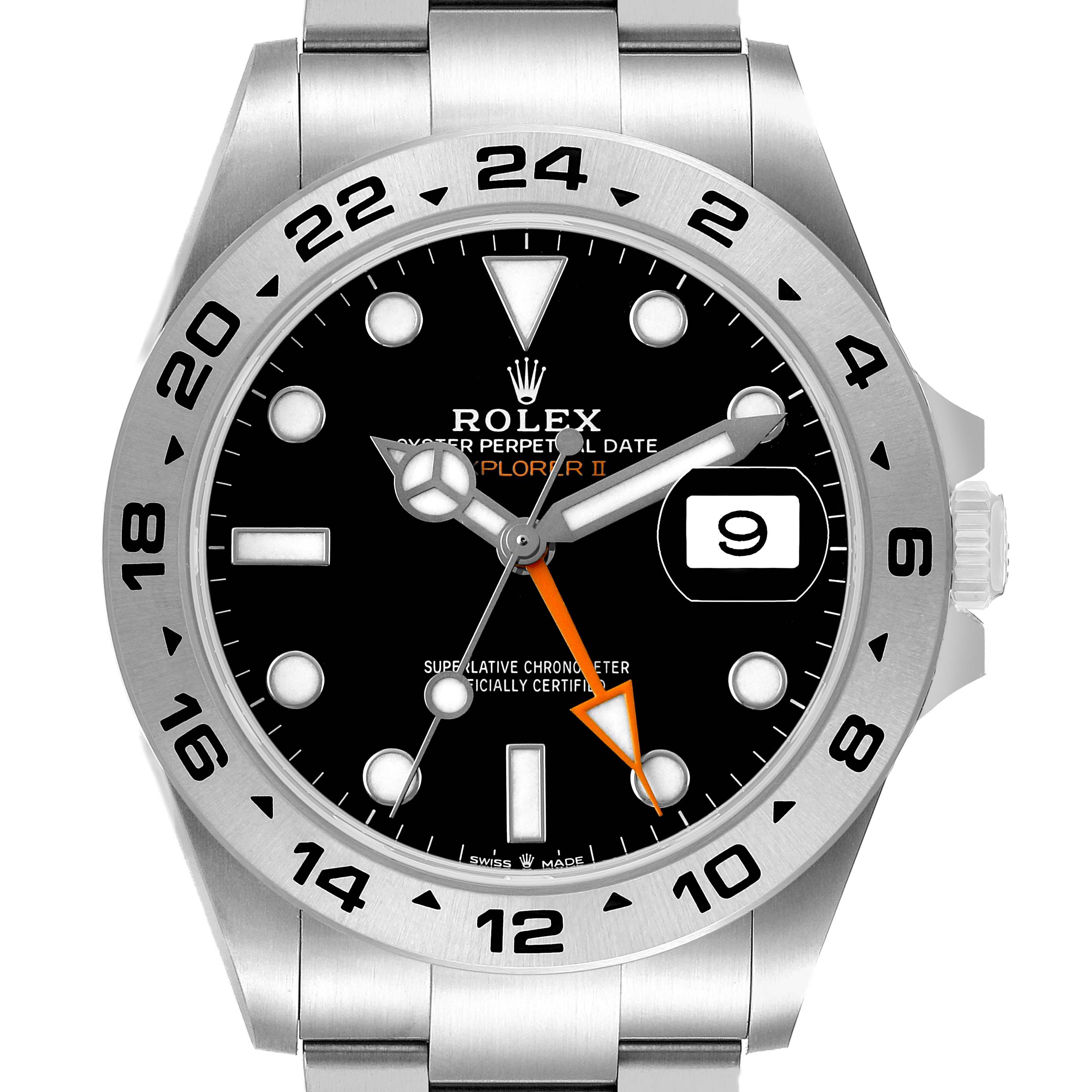 The Rolex Explorer 226570 Men's Stainless Steel Black Dial II watch is shown from a top-down angle, highlighting the dial, bezel, and bracelet.