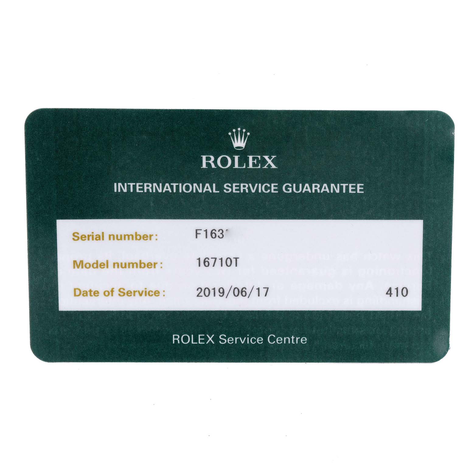 This image shows a Rolex International Service Guarantee card for a GMT-Master model 16710T watch.