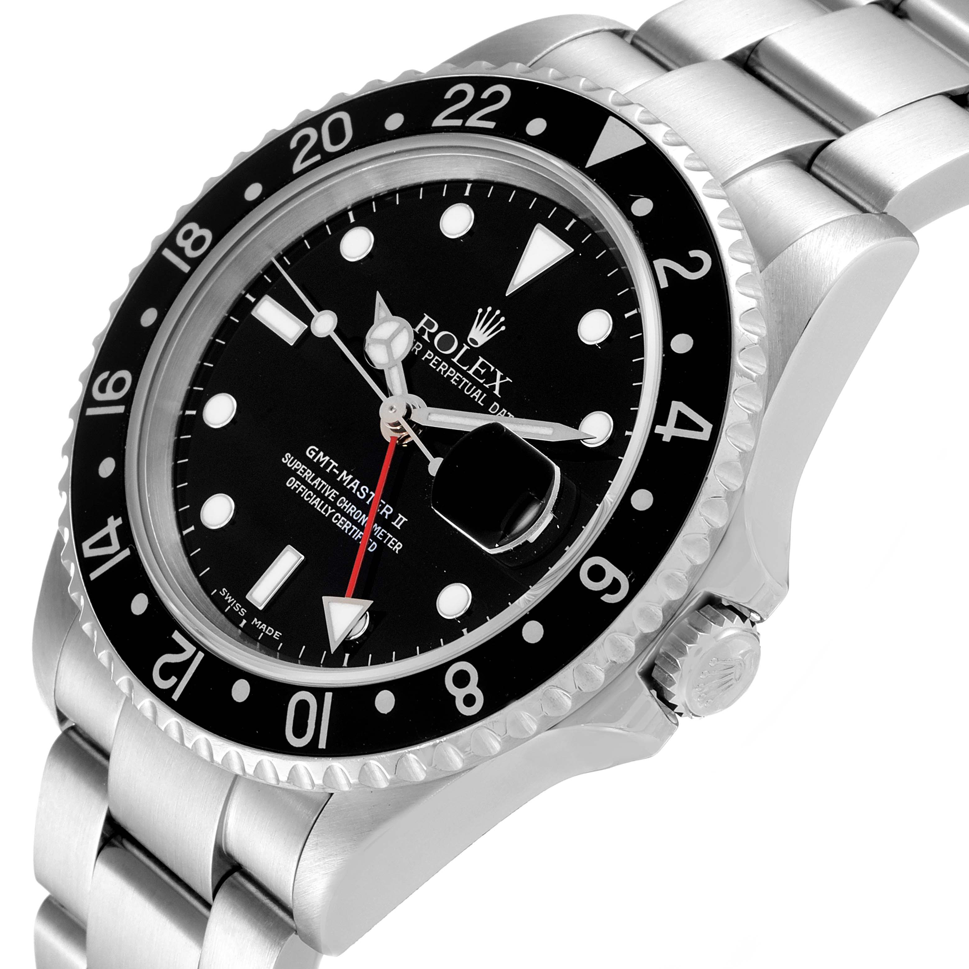 The Rolex GMT-Master 16710 Men
s Stainless Steel Black Dial 16710 Men
s Stainless Steel Black Dial watch is shown at a 3/4 angle, revealing the bezel, dial, crown, and part of the bracelet.
