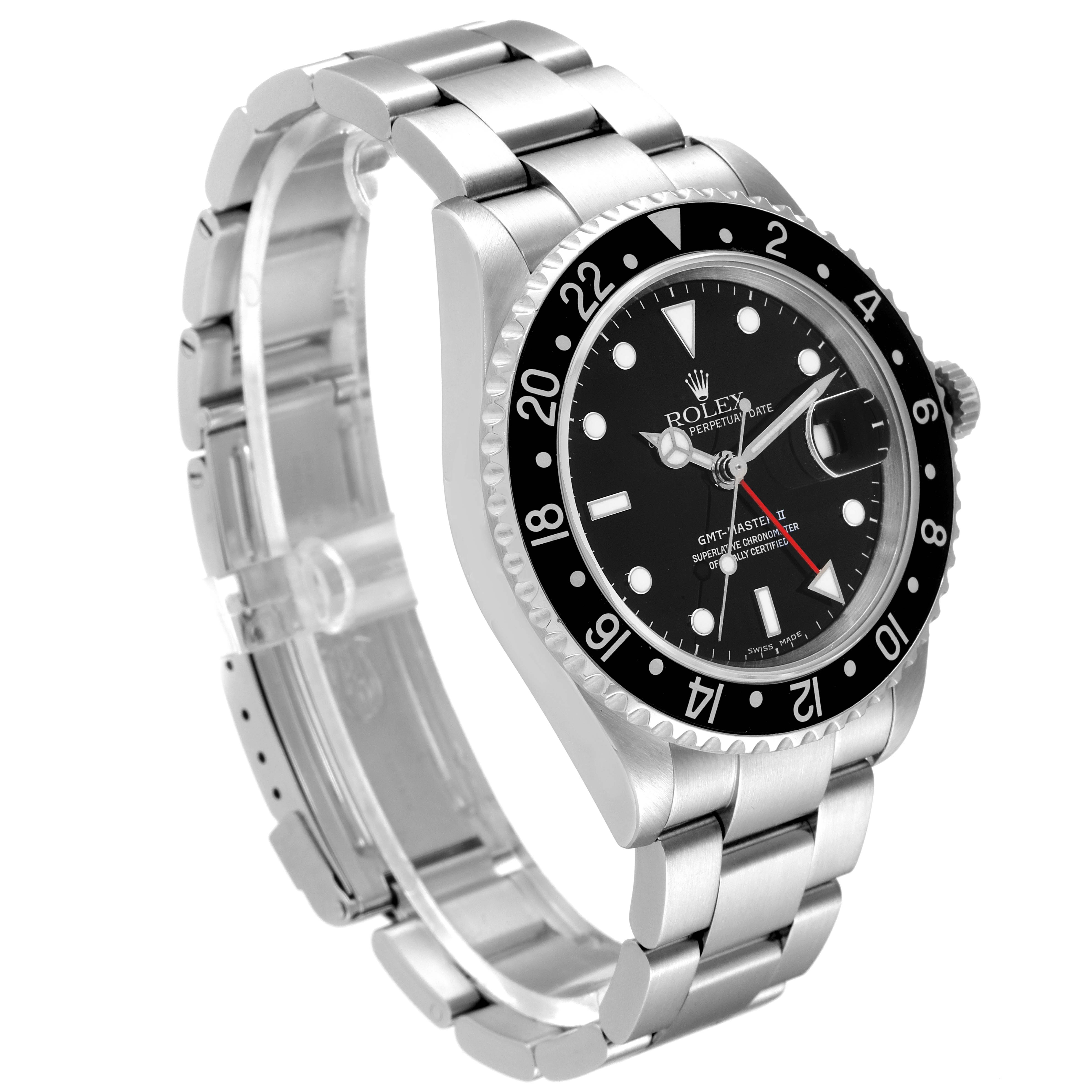 The image shows a side-angle view of a Rolex GMT-Master 16710 Men
s Stainless Steel Black Dial 16710 Men
s Stainless Steel Black Dial watch, with a focus on its dial, bezel, and bracelet.