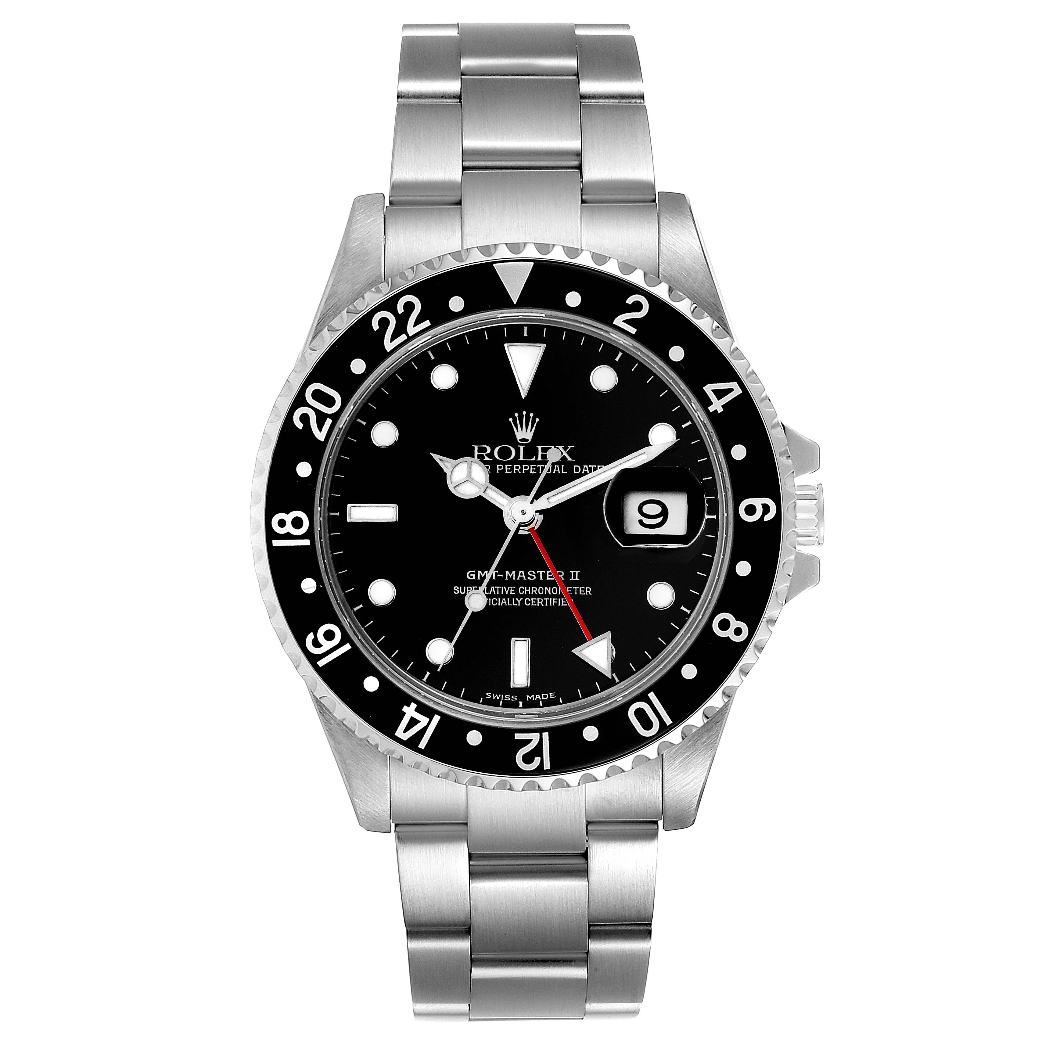 The Rolex GMT-Master 16710 Men
s Stainless Steel Black Dial 16710 Men
s Stainless Steel Black Dial II watch is shown from a front angle, displaying its black bezel, dial, hands, and bracelet.