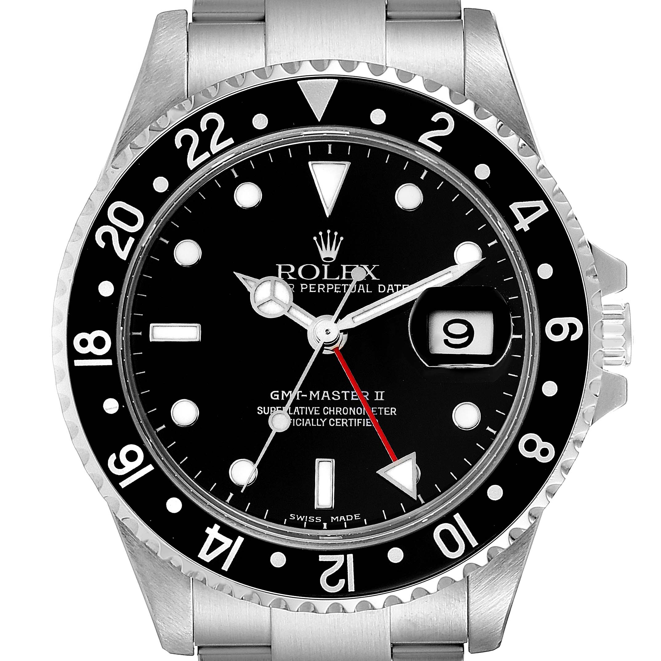 The image shows a front view of a Rolex GMT-Master 16710 Men
s Stainless Steel Black Dial 16710 Men
s Stainless Steel Black Dial II watch, displaying the dial, bezel, hands, and part of the bracelet.