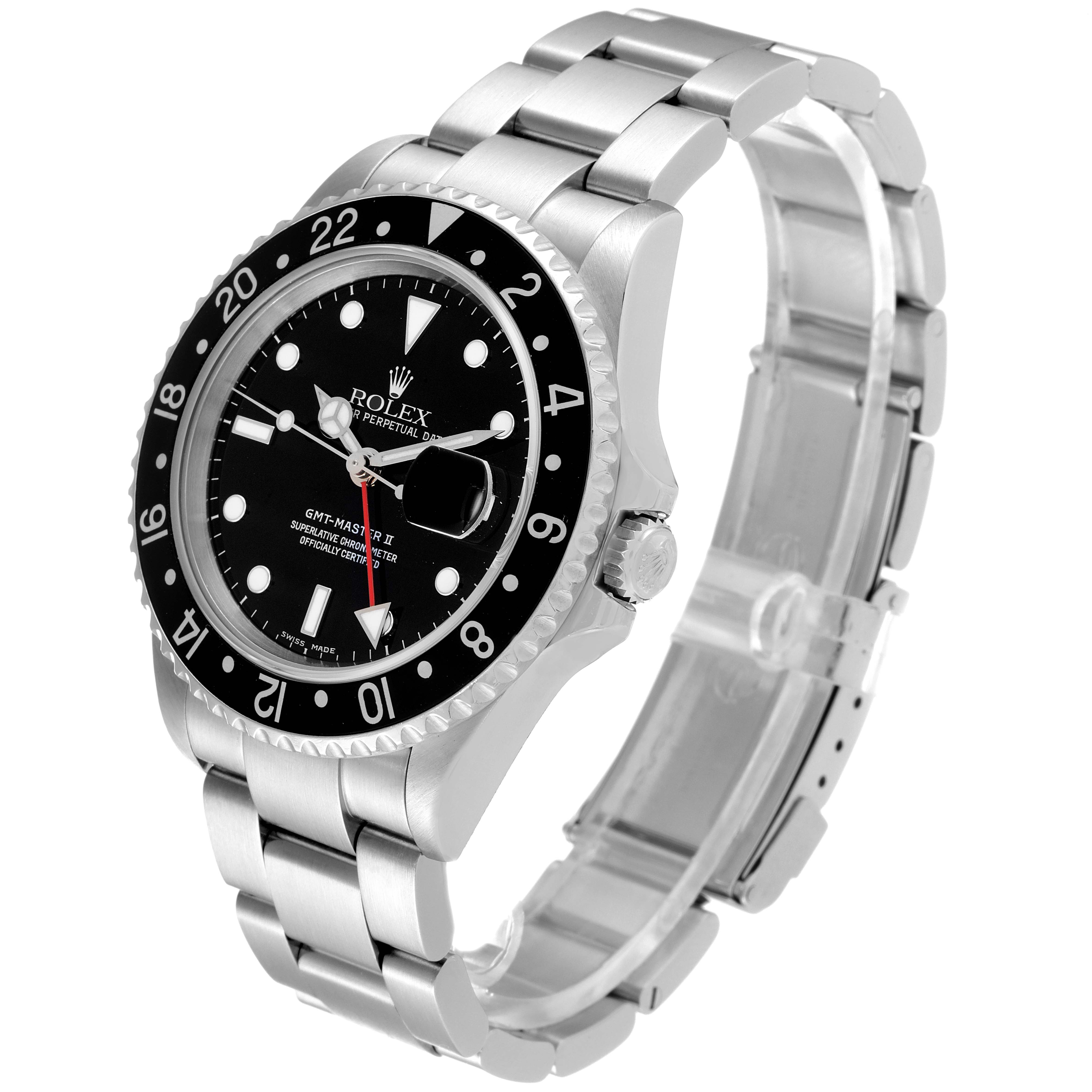 The image shows a Rolex GMT-Master 16710 Men
s Stainless Steel Black Dial 16710 Men
s Stainless Steel Black Dial II watch at a three-quarter angle, highlighting the bezel, dial, crown, and bracelet.