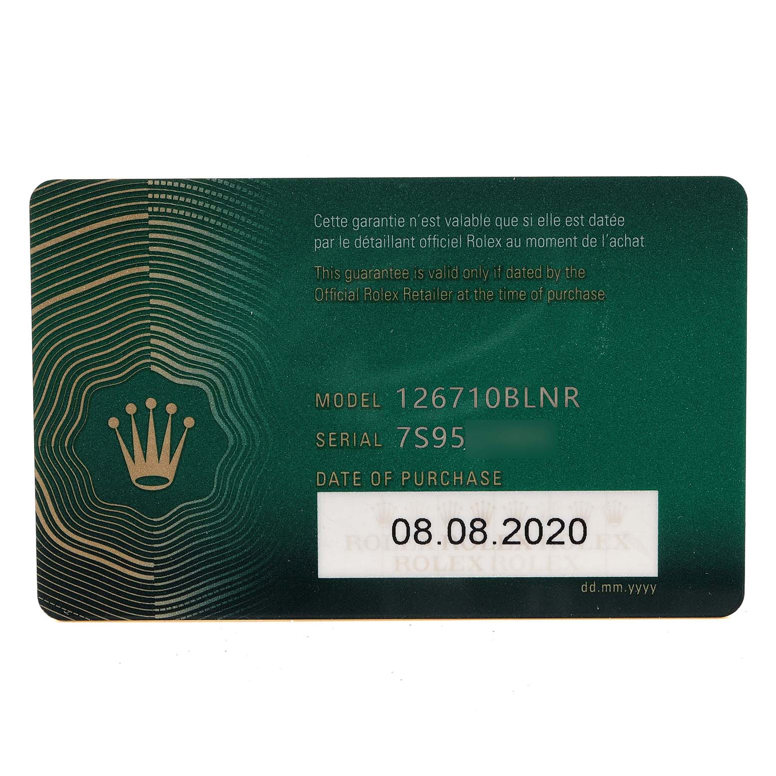 This image shows the guarantee card for the Rolex GMT-Master 126710BLNR Men
s Stainless Steel Black Dial 126710BLNR Men
s Stainless Steel Black Dial model 126710BLNR.