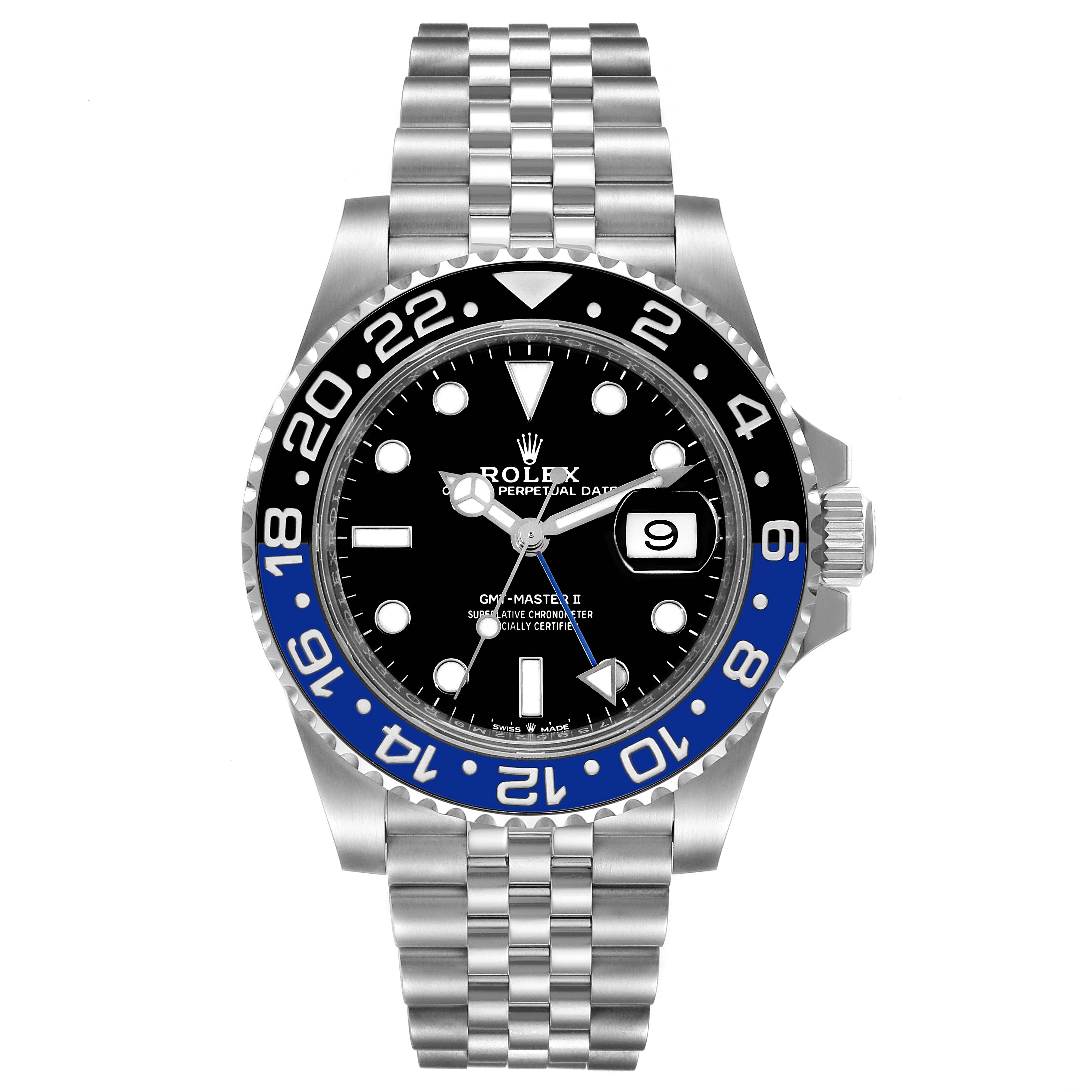 This image shows a front view of a Rolex GMT-Master 126710BLNR Men
s Stainless Steel Black Dial 126710BLNR Men
s Stainless Steel Black Dial II watch, highlighting the dial, bezel, bracelet, and date window.