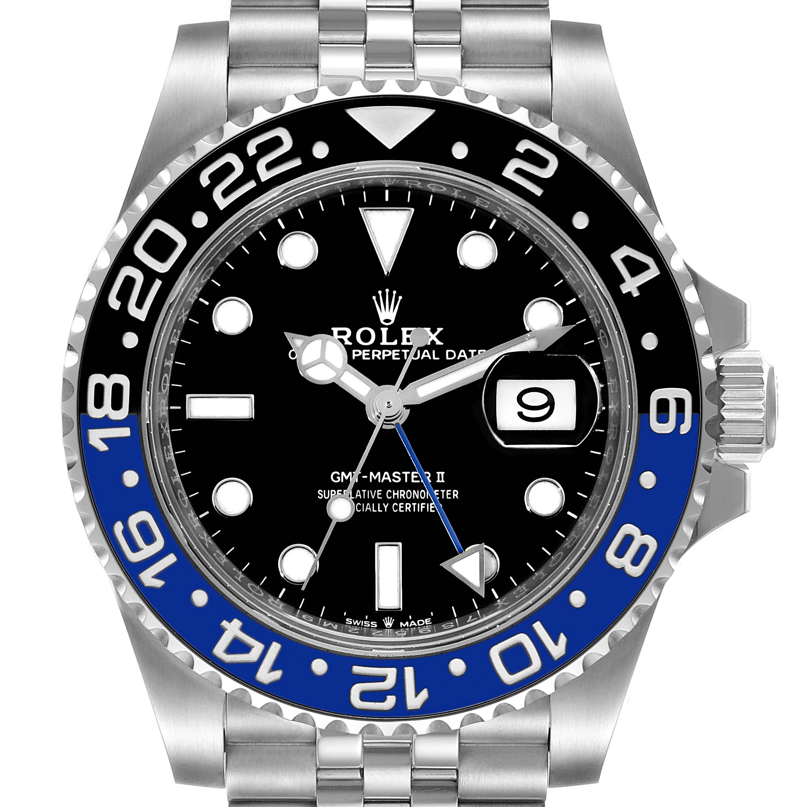 The image shows a front view of the face and bezel of a Rolex GMT-Master 126710BLNR Men
s Stainless Steel Black Dial 126710BLNR Men
s Stainless Steel Black Dial II watch, highlighting the date and 24-hour markers.