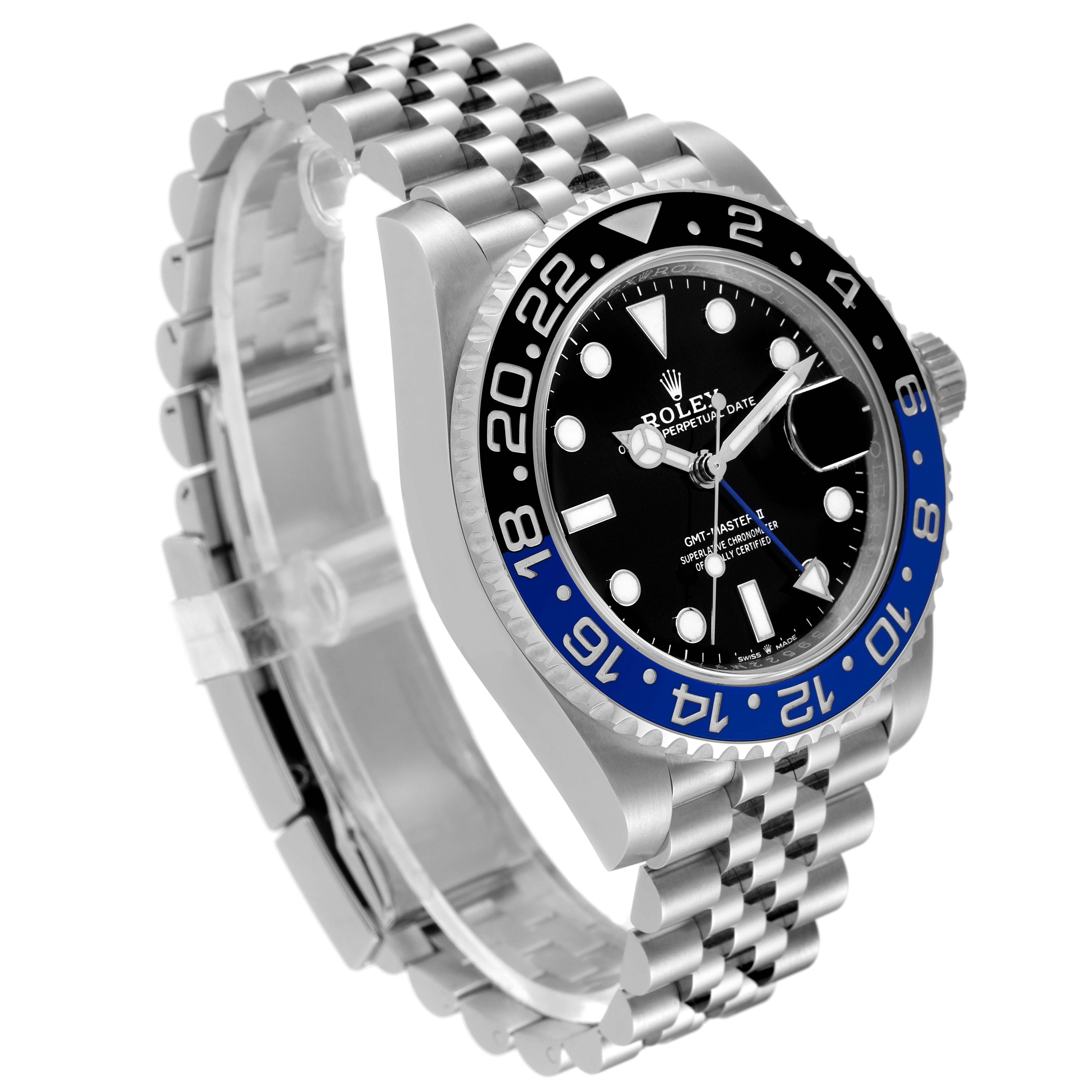 The image shows a Rolex GMT-Master 126710BLNR Men
s Stainless Steel Black Dial 126710BLNR Men
s Stainless Steel Black Dial watch from a 3/4 high-angle view, highlighting the dial, bezel, and jubilee bracelet.