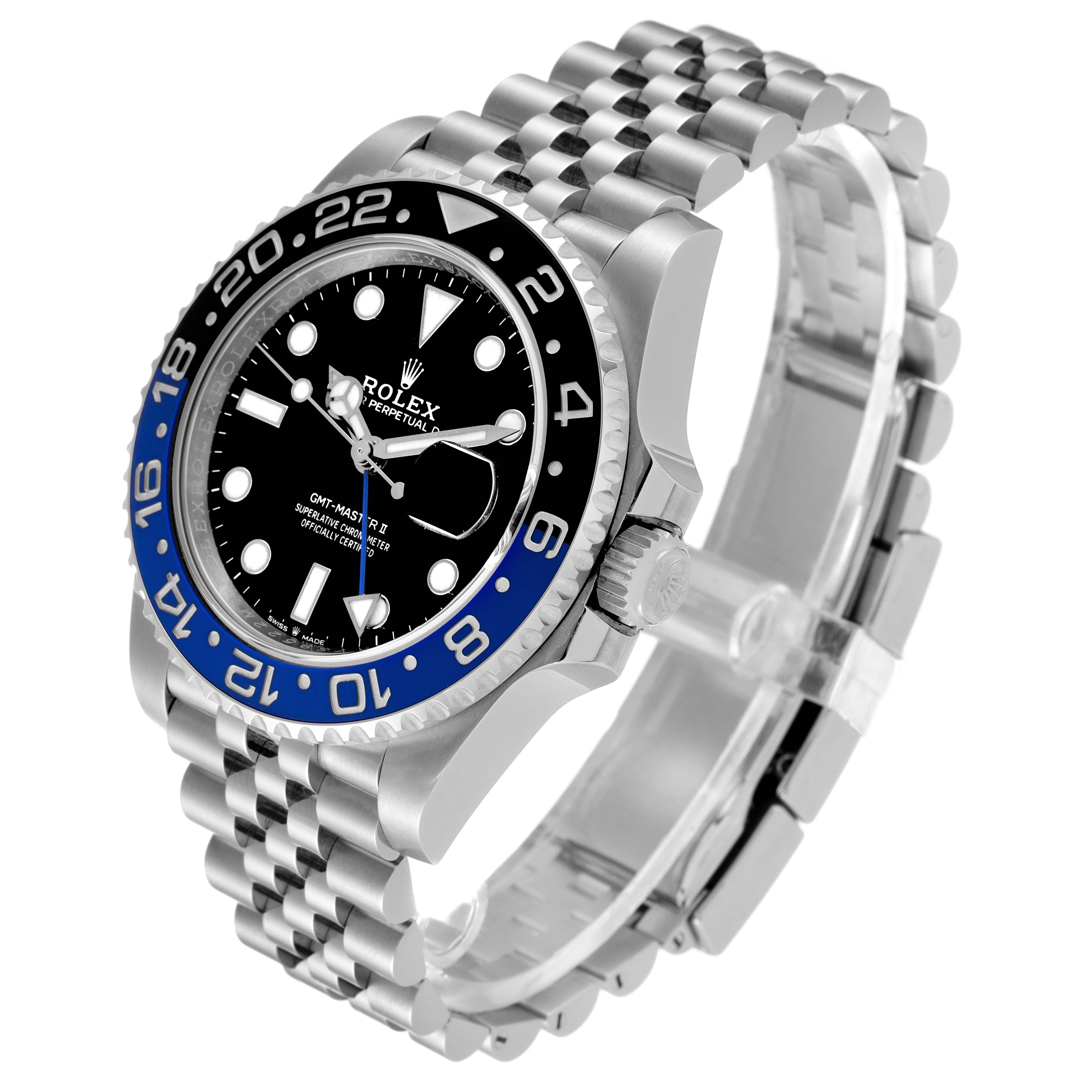 The Rolex GMT-Master 126710BLNR Men
s Stainless Steel Black Dial 126710BLNR Men
s Stainless Steel Black Dial watch is shown at a slight angle, highlighting its face, bezel, crown, and bracelet.