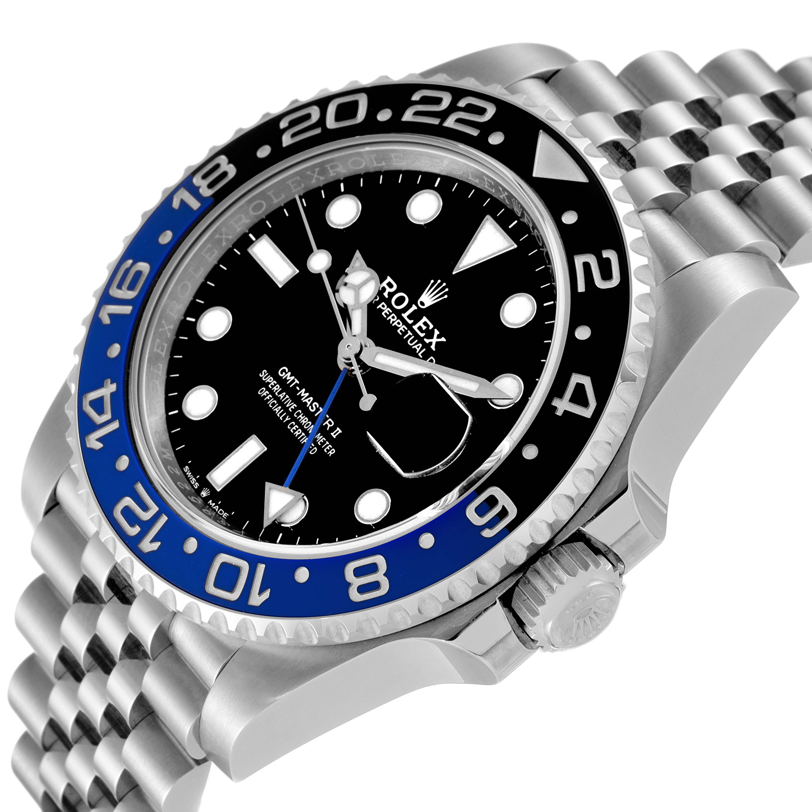 The Rolex GMT-Master 126710BLNR Men
s Stainless Steel Black Dial 126710BLNR Men
s Stainless Steel Black Dial watch is shown at an angle highlighting the face, bezel, crown, and part of the metal bracelet.