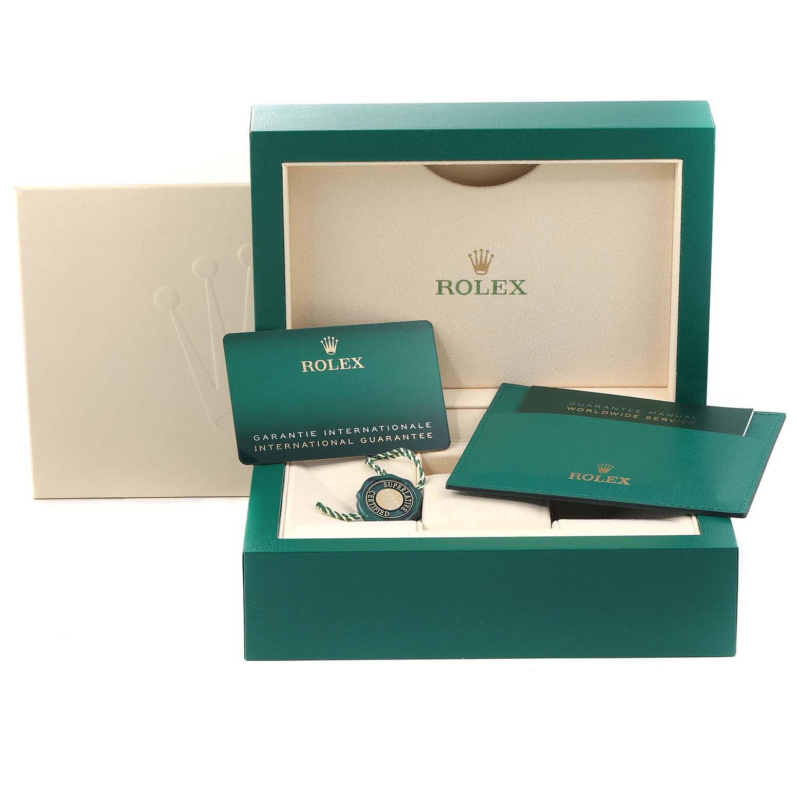 The image shows the packaging and accessories for a Rolex GMT-Master 126710BLNR Men
s Stainless Steel Black Dial 126710BLNR Men
s Stainless Steel Black Dial watch, including warranty cards and a hang tag.
