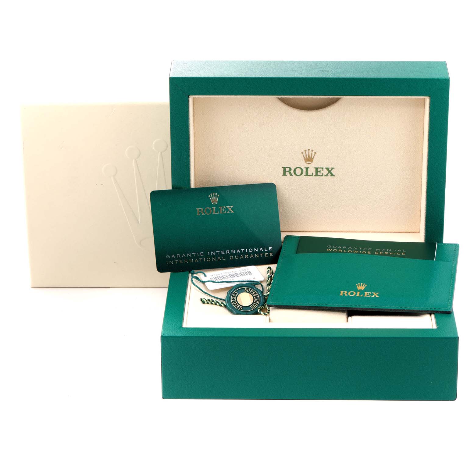 The image shows the packaging, guarantee card, manual, and accessories for a Rolex GMT-Master 126710BLNR Men's Stainless Steel Black Dial 126710BLNR Men's Stainless Steel Black Dial watch.
