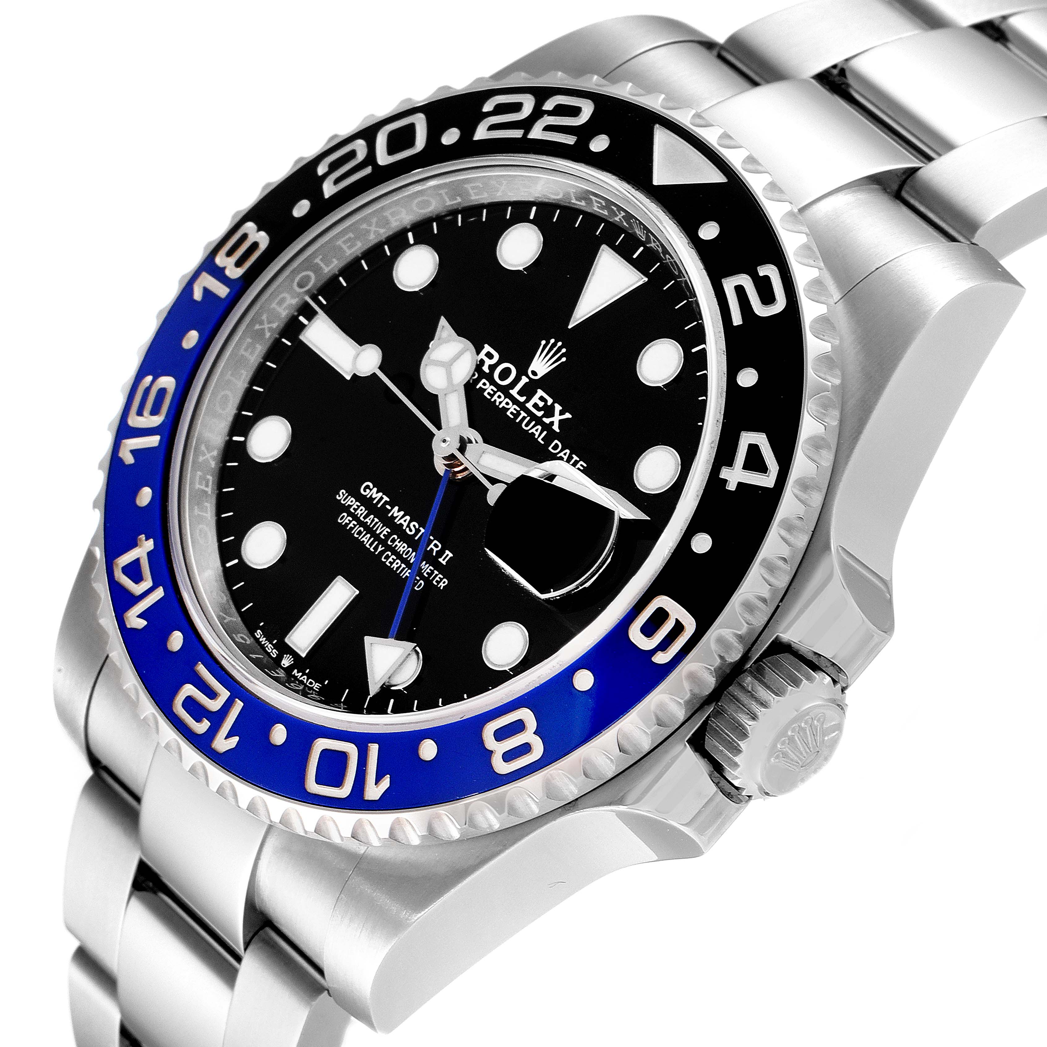 The image shows a Rolex GMT-Master 126710BLNR Men's Stainless Steel Black Dial 126710BLNR Men's Stainless Steel Black Dial watch angled to display the face, bezel, and part of the bracelet.