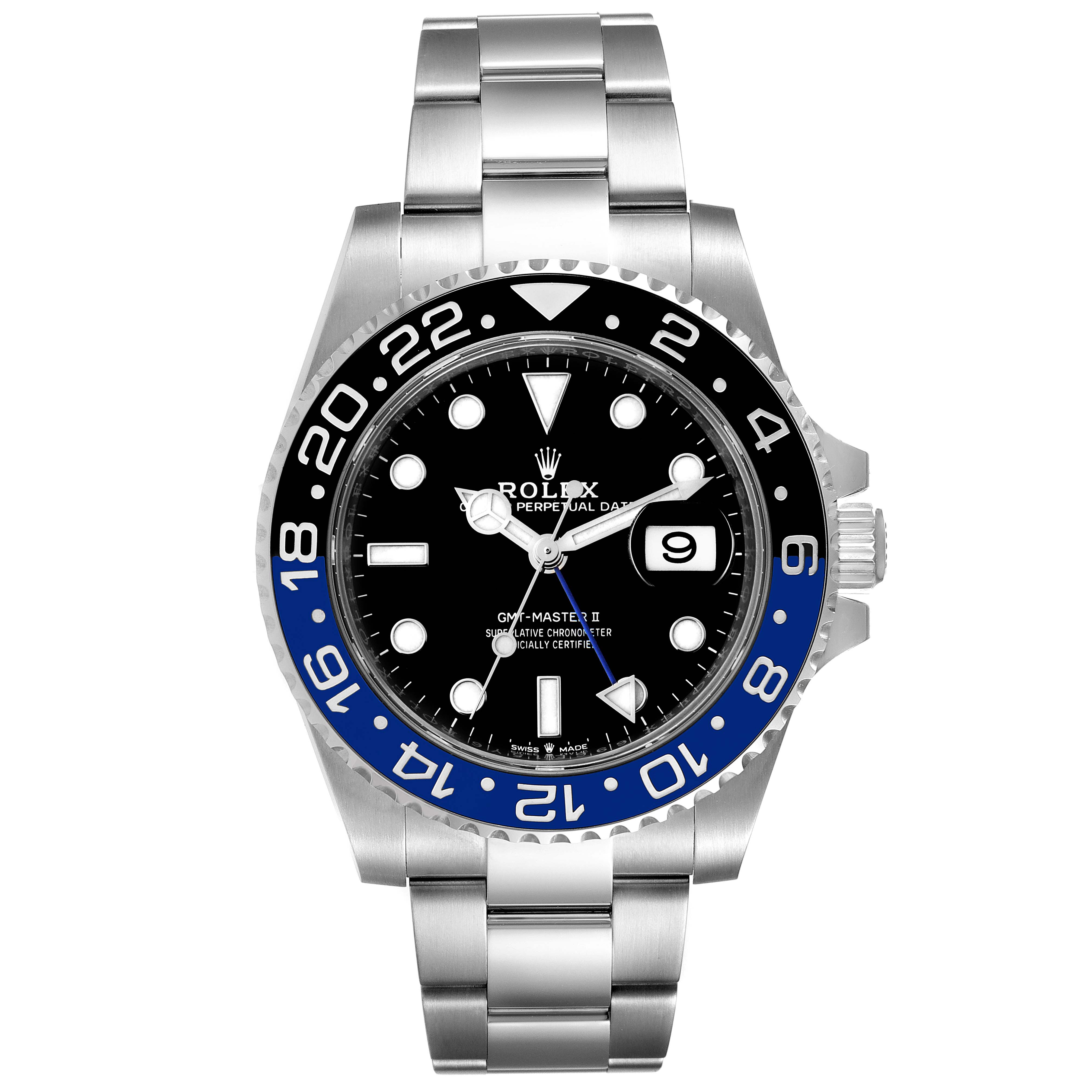 The image shows a front view of the Rolex GMT-Master 126710BLNR Men's Stainless Steel Black Dial 126710BLNR Men's Stainless Steel Black Dial II watch, highlighting its face, bezel, crown, and stainless steel bracelet.