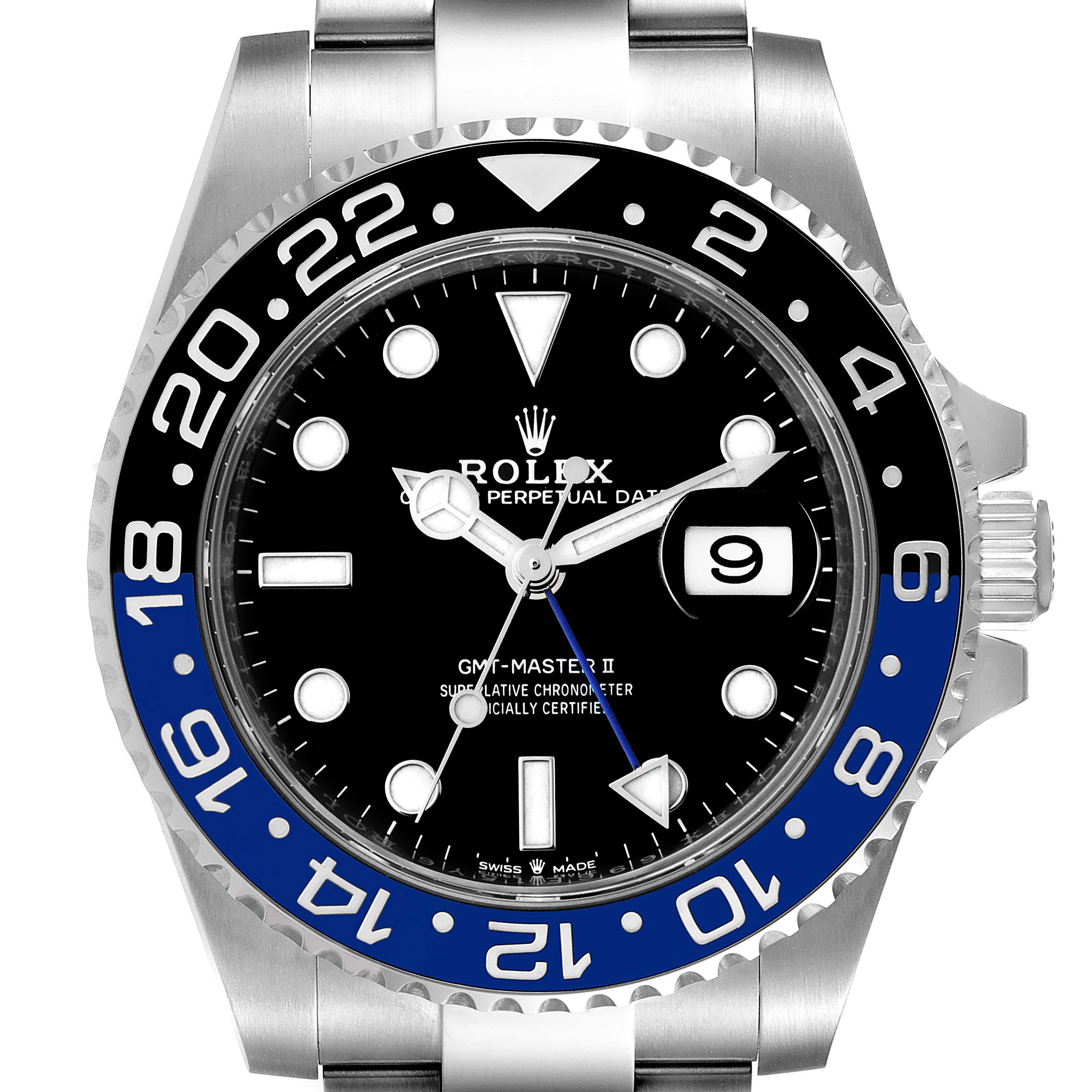 The Rolex GMT-Master 126710BLNR Men's Stainless Steel Black Dial 126710BLNR Men's Stainless Steel Black Dial watch is shown from the front, highlighting the face, bezel, hands, date window, and part of the bracelet.