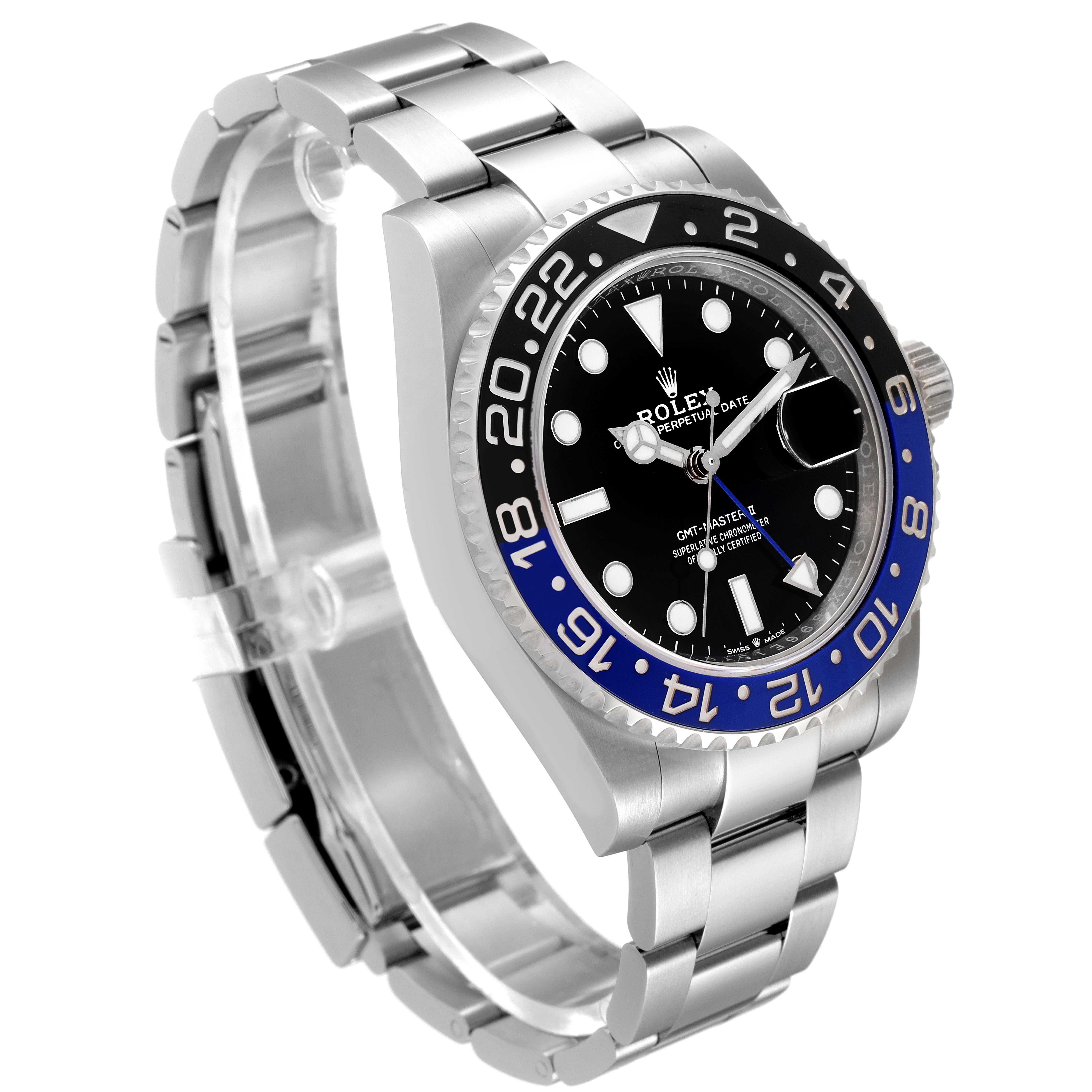 This image shows a Rolex GMT-Master 126710BLNR Men's Stainless Steel Black Dial 126710BLNR Men's Stainless Steel Black Dial watch from a front-side angle, highlighting its face and stainless steel bracelet.