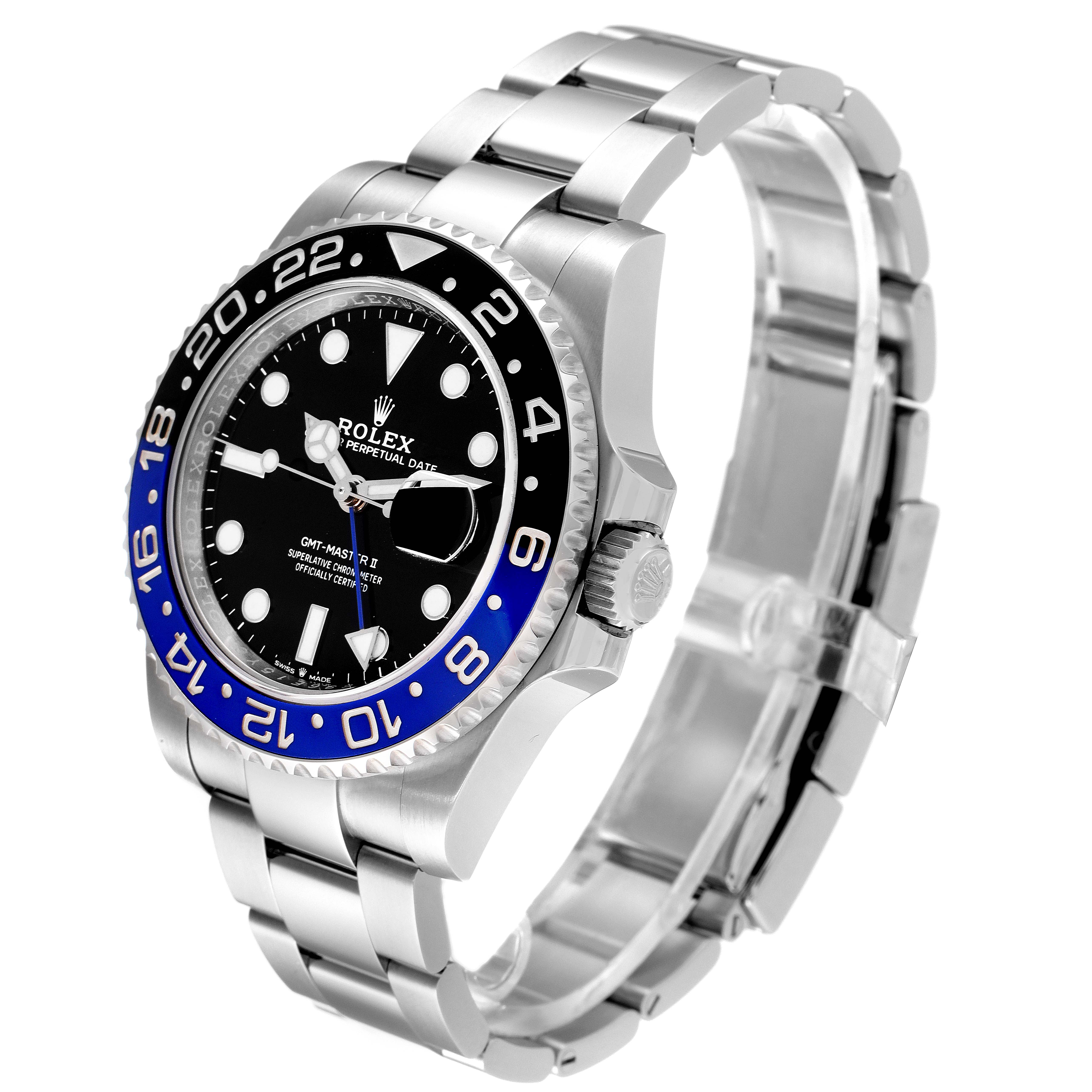 The image shows a Rolex GMT-Master 126710BLNR Men's Stainless Steel Black Dial 126710BLNR Men's Stainless Steel Black Dial watch at a slight angle, highlighting the dial, bezel, and part of the bracelet.