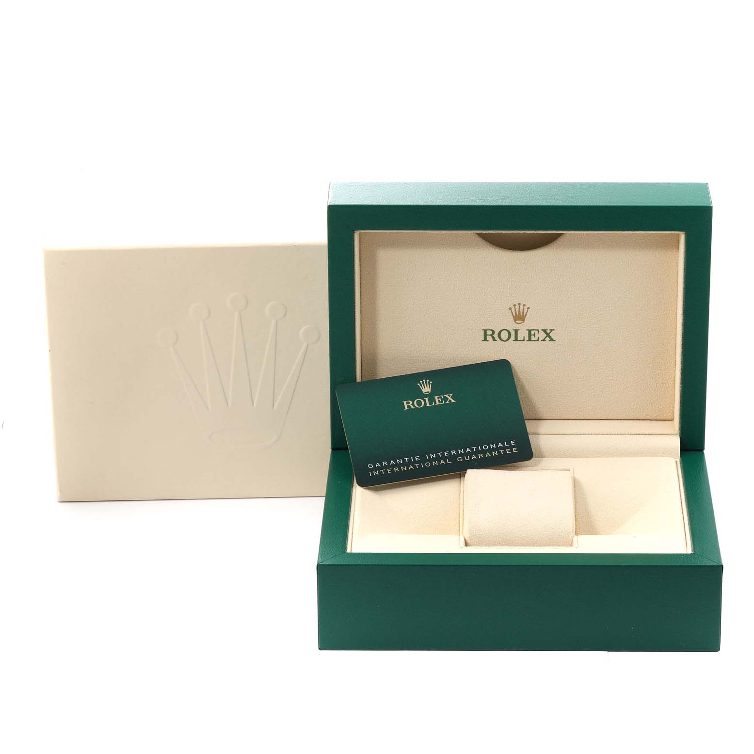 The image shows an open Rolex GMT-Master 126710 Men's Stainless Steel Black Dial 126710 Men's Stainless Steel Black Dial watch box with an international guarantee card.