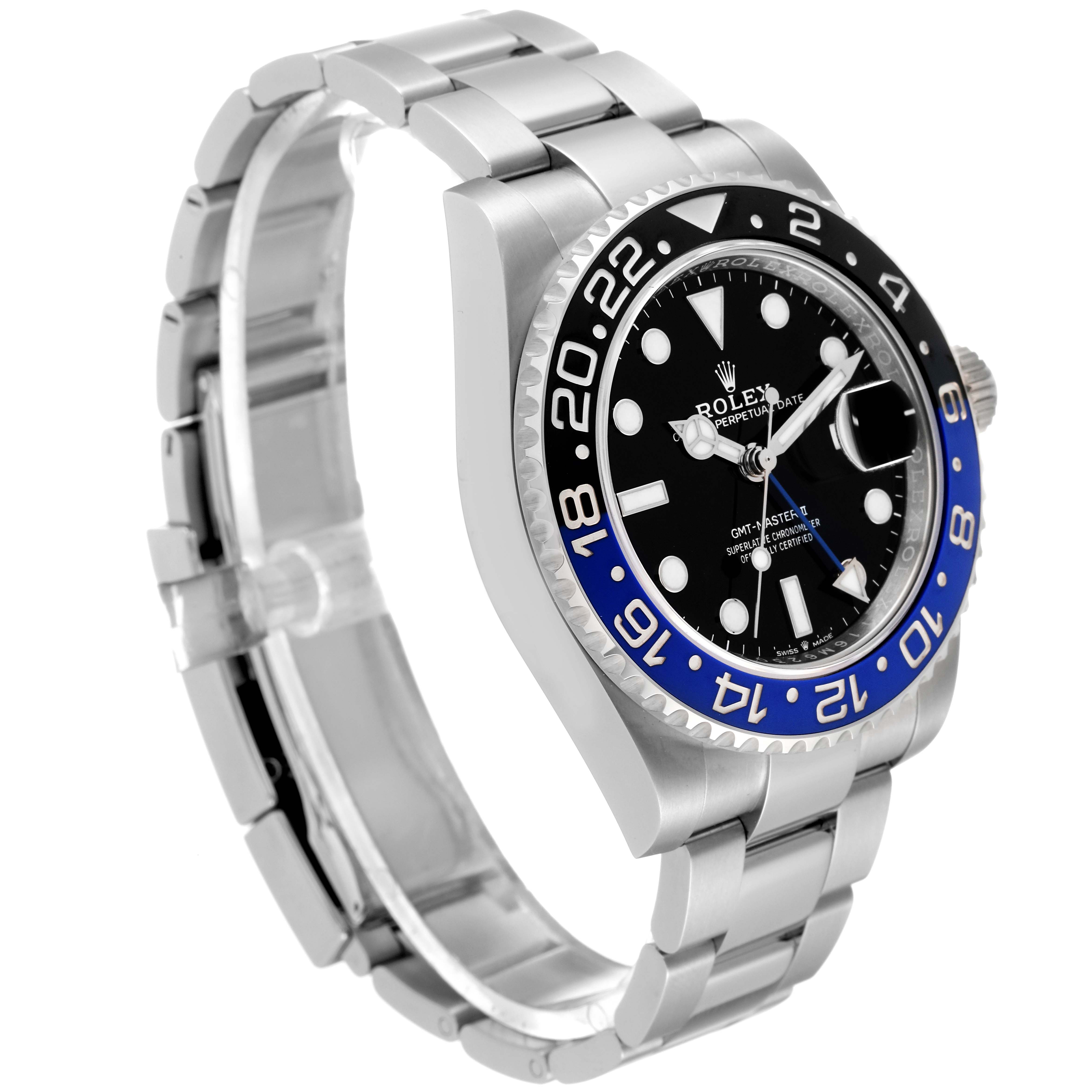 The image shows a side angle of the Rolex GMT-Master 126710 Men's Stainless Steel Black Dial 126710 Men's Stainless Steel Black Dial watch, highlighting its bezel, dial, and bracelet.
