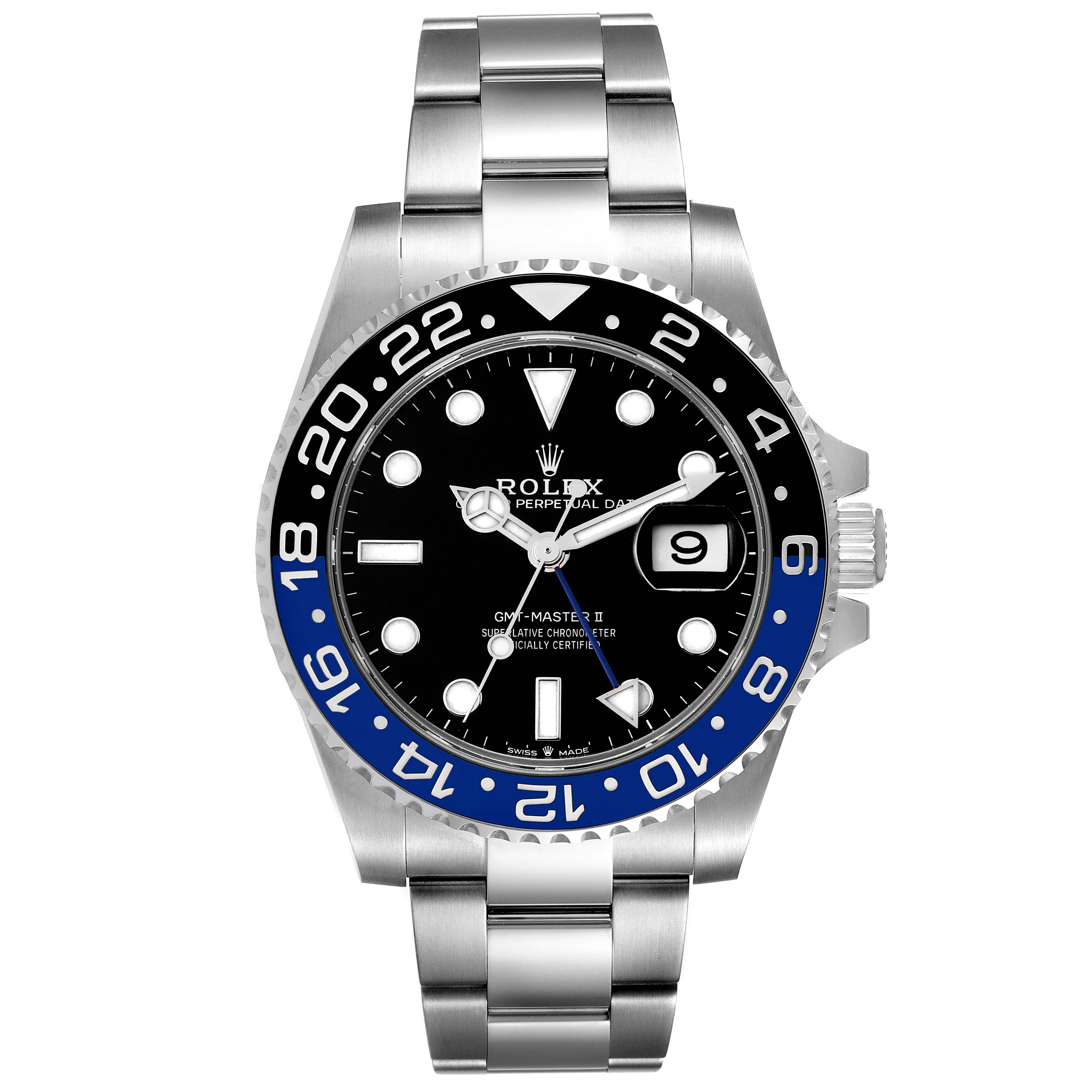 The image shows a front view of the Rolex GMT-Master 126710 Men's Stainless Steel Black Dial 126710 Men's Stainless Steel Black Dial II watch, featuring a black and blue bezel, a black dial, and a metal bracelet.