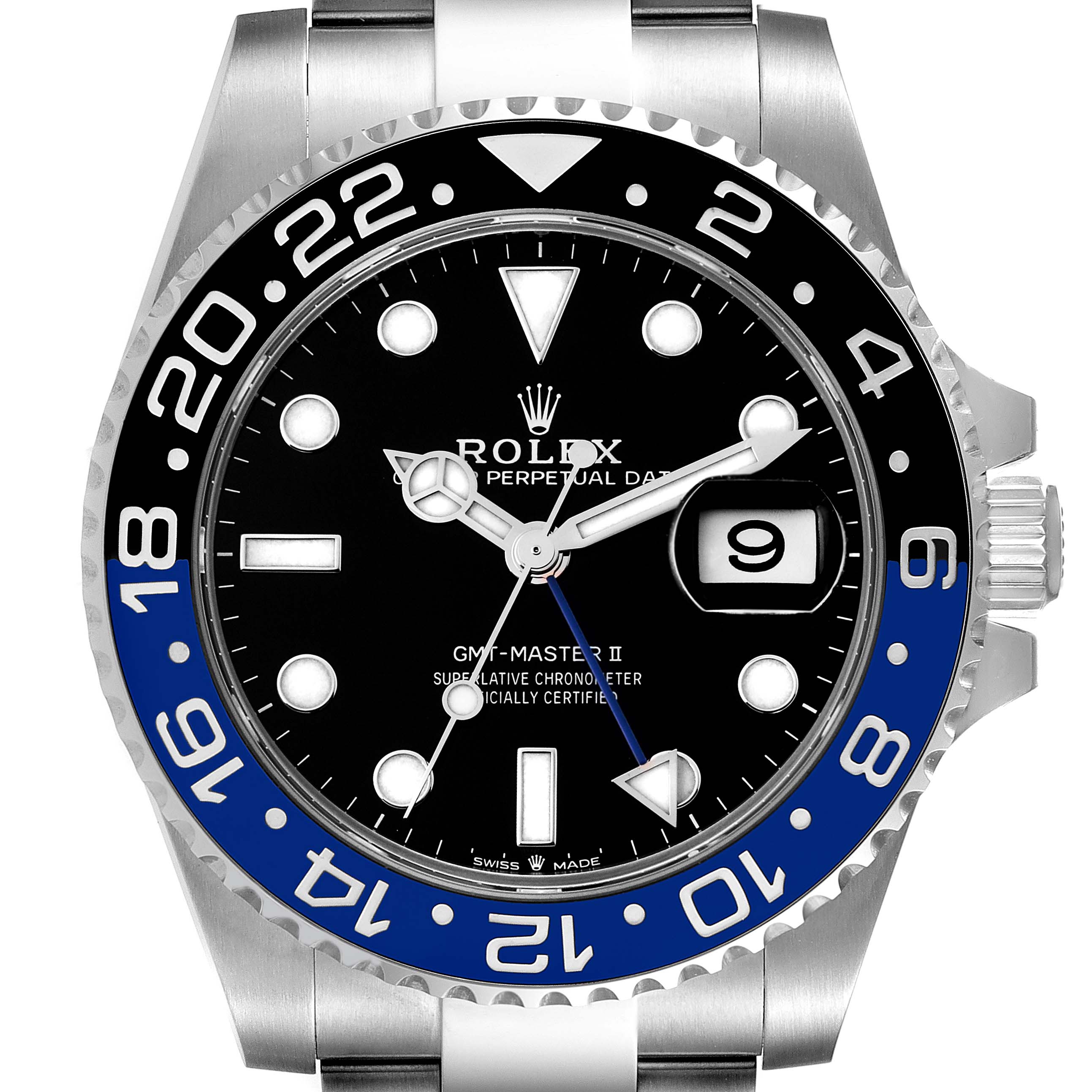 This image shows a front view of a Rolex GMT-Master 126710 Men's Stainless Steel Black Dial 126710 Men's Stainless Steel Black Dial II watch, highlighting its dial, bezel, and part of the bracelet.