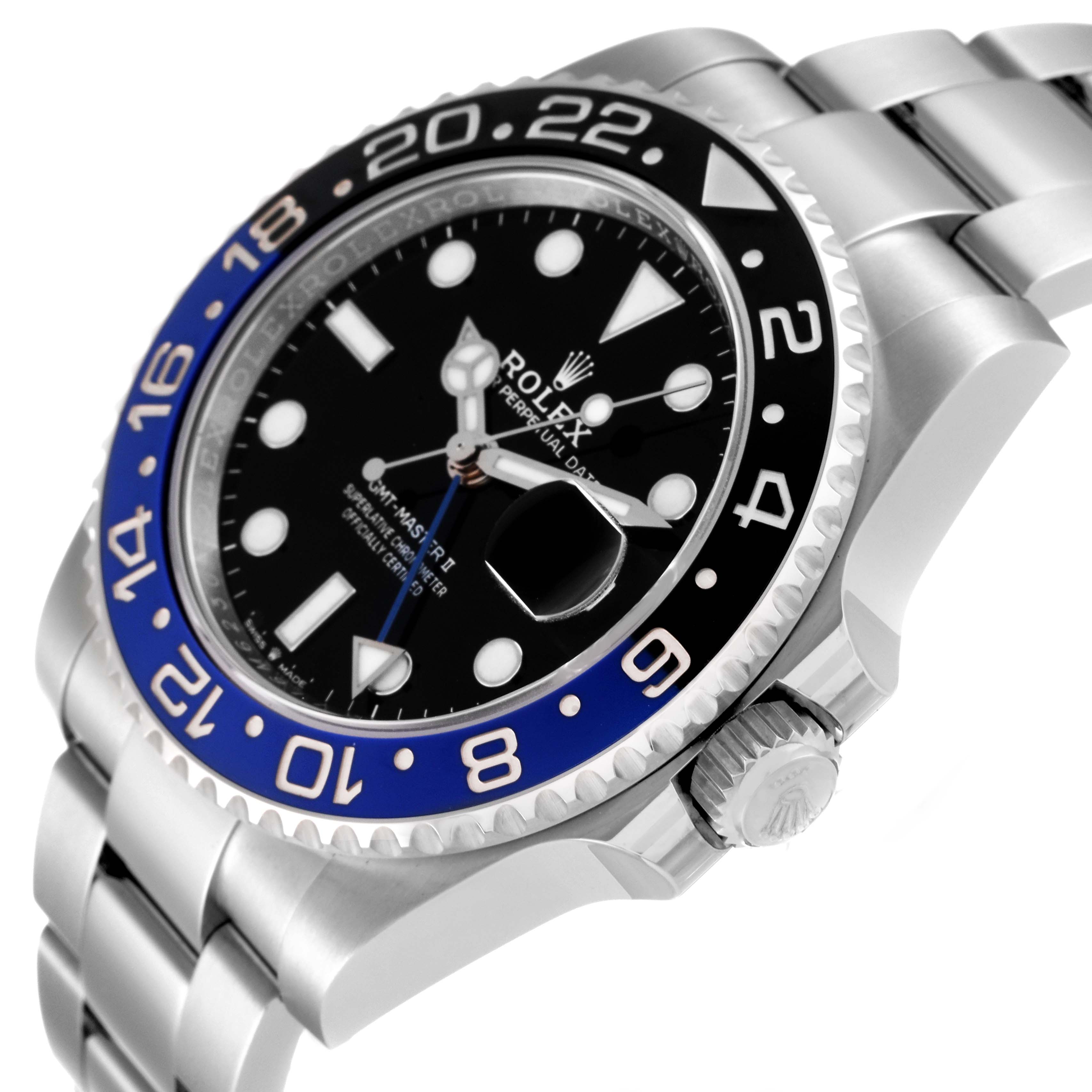 The image shows a side angle of the Rolex GMT-Master 126710 Men's Stainless Steel Black Dial 126710 Men's Stainless Steel Black Dial II watch, highlighting the bezel, dial, crown, and bracelet.