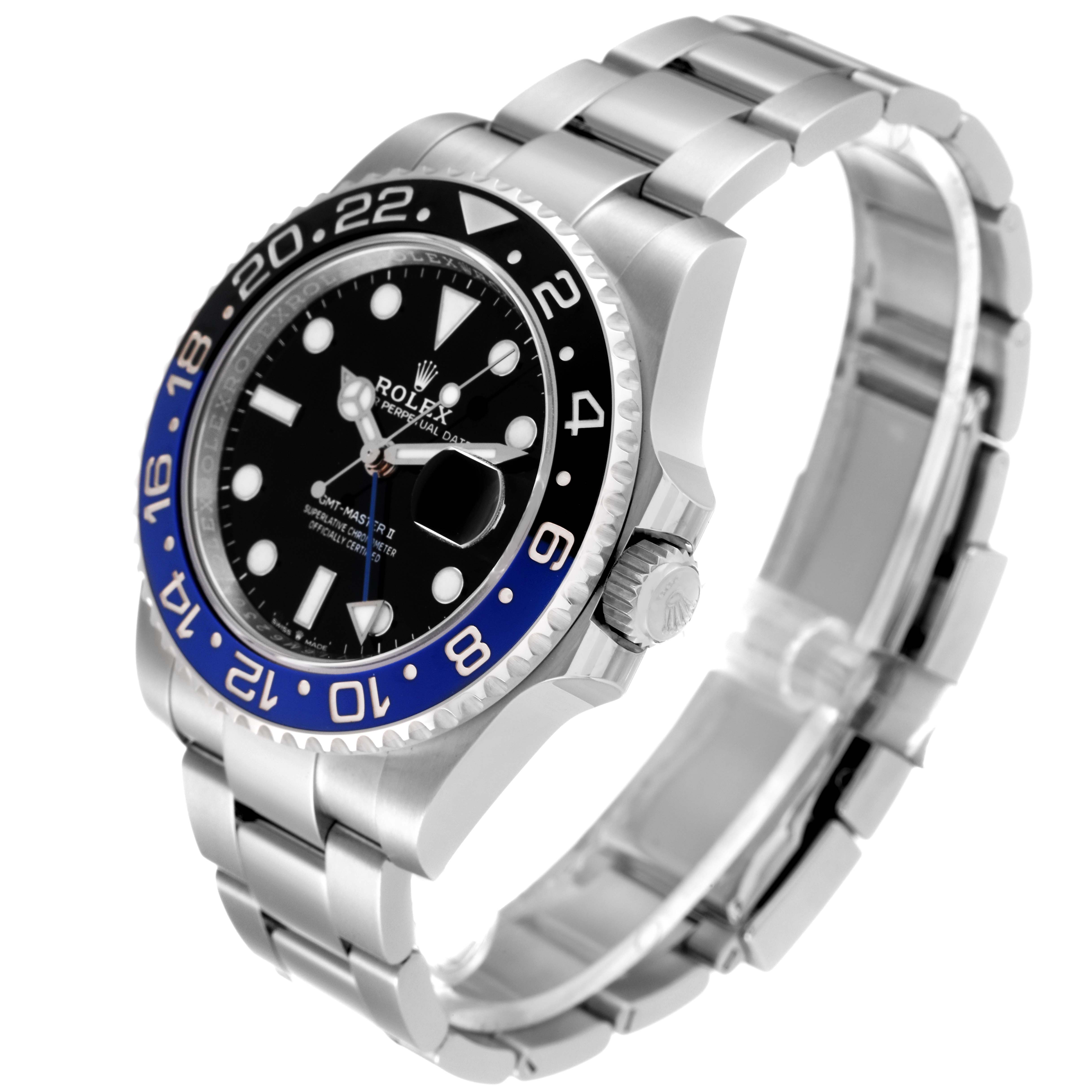 The image shows a Rolex GMT-Master 126710 Men's Stainless Steel Black Dial 126710 Men's Stainless Steel Black Dial II watch at an angled view, highlighting the face, bezel, bracelet, and crown.