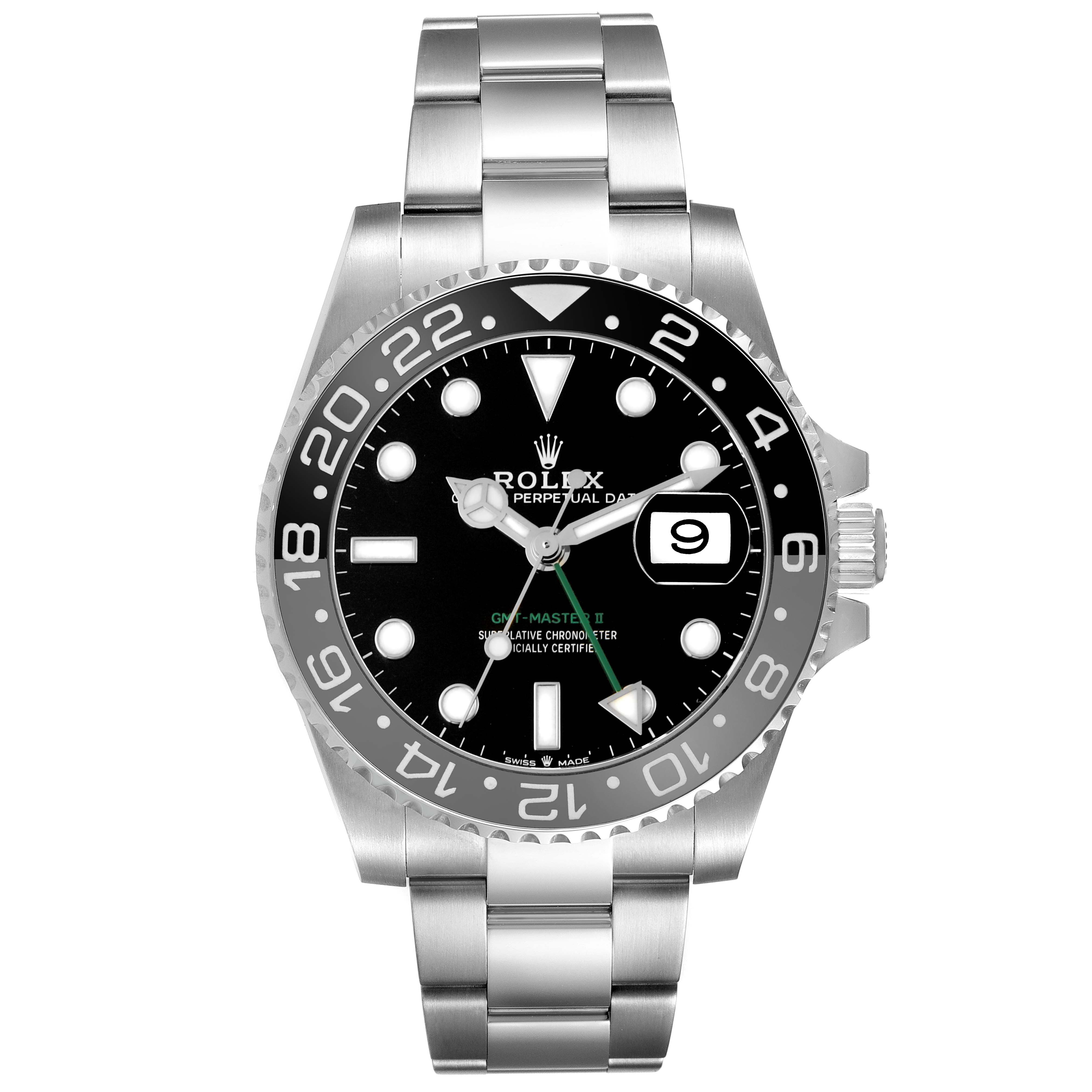 The Rolex GMT-Master 126710GRNR Men's Stainless Steel Black Dial watch is shown head-on, displaying the dial, bezel, bracelet, and crown.