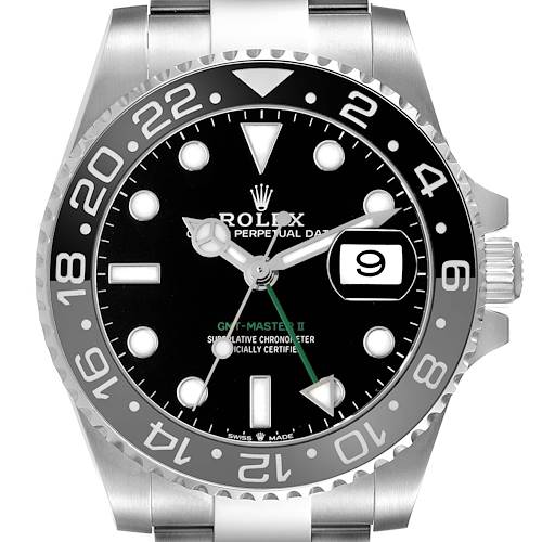 The Rolex GMT-Master 126710GRNR Men's Stainless Steel Black Dial watch is shown from the front, featuring its bezel, dial, hands, hour markers, and date window.