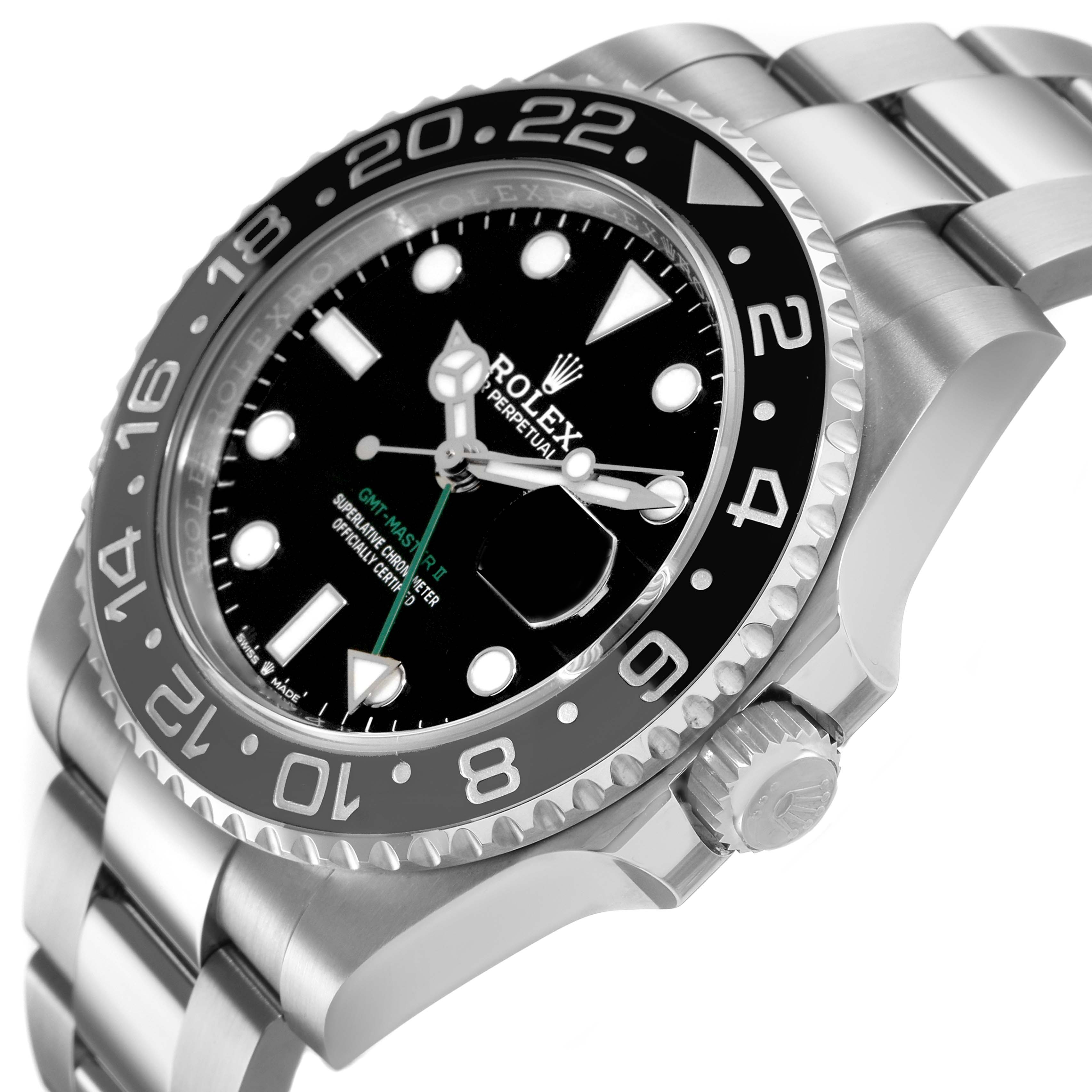 The Rolex GMT-Master 126710GRNR Men's Stainless Steel Black Dial watch is shown at an angled close-up, displaying the bezel, crown, and part of the bracelet.