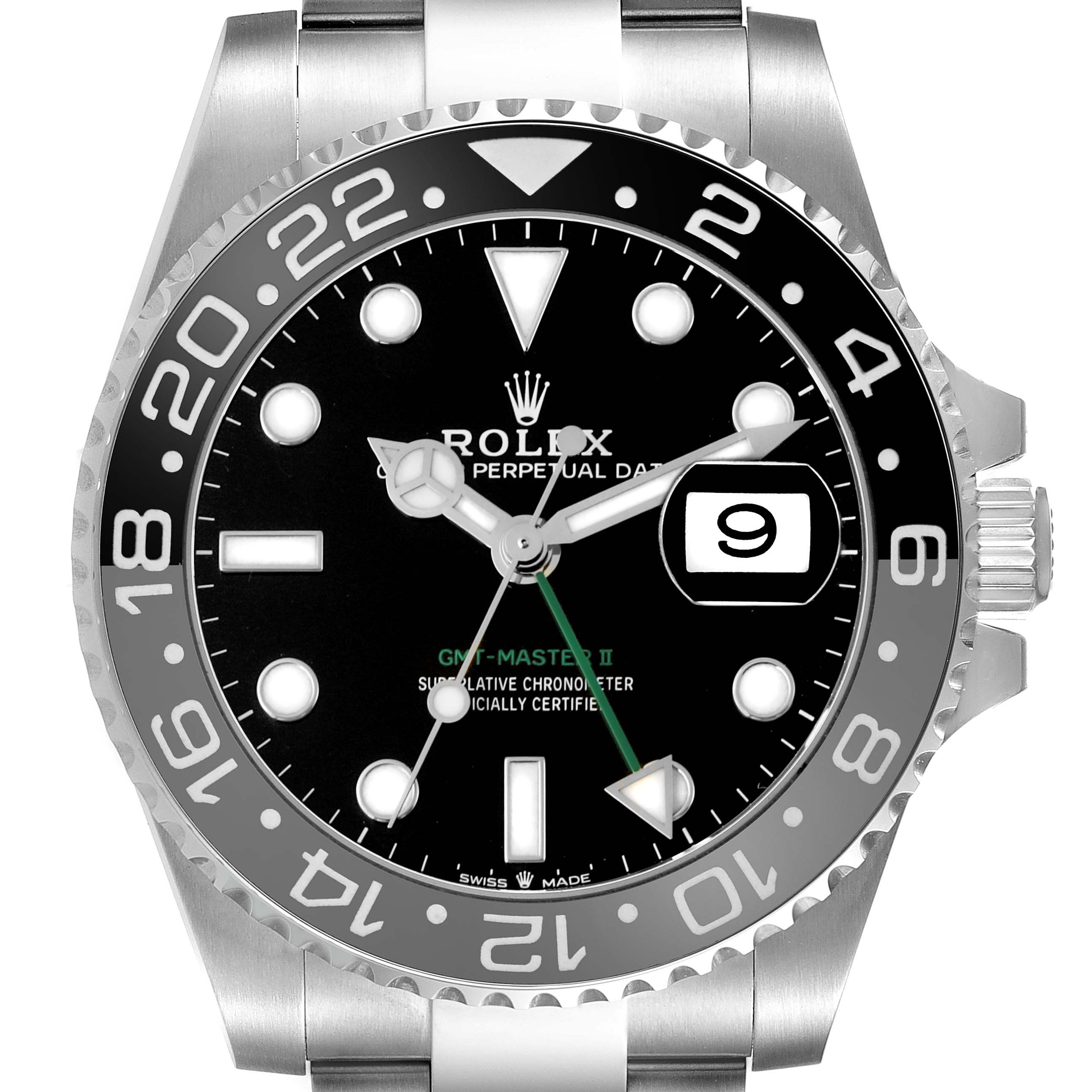 The Rolex GMT-Master 126710GRNR Men's Stainless Steel Black Dial watch is shown from the front angle, highlighting the face, bezel, hands, and date window.